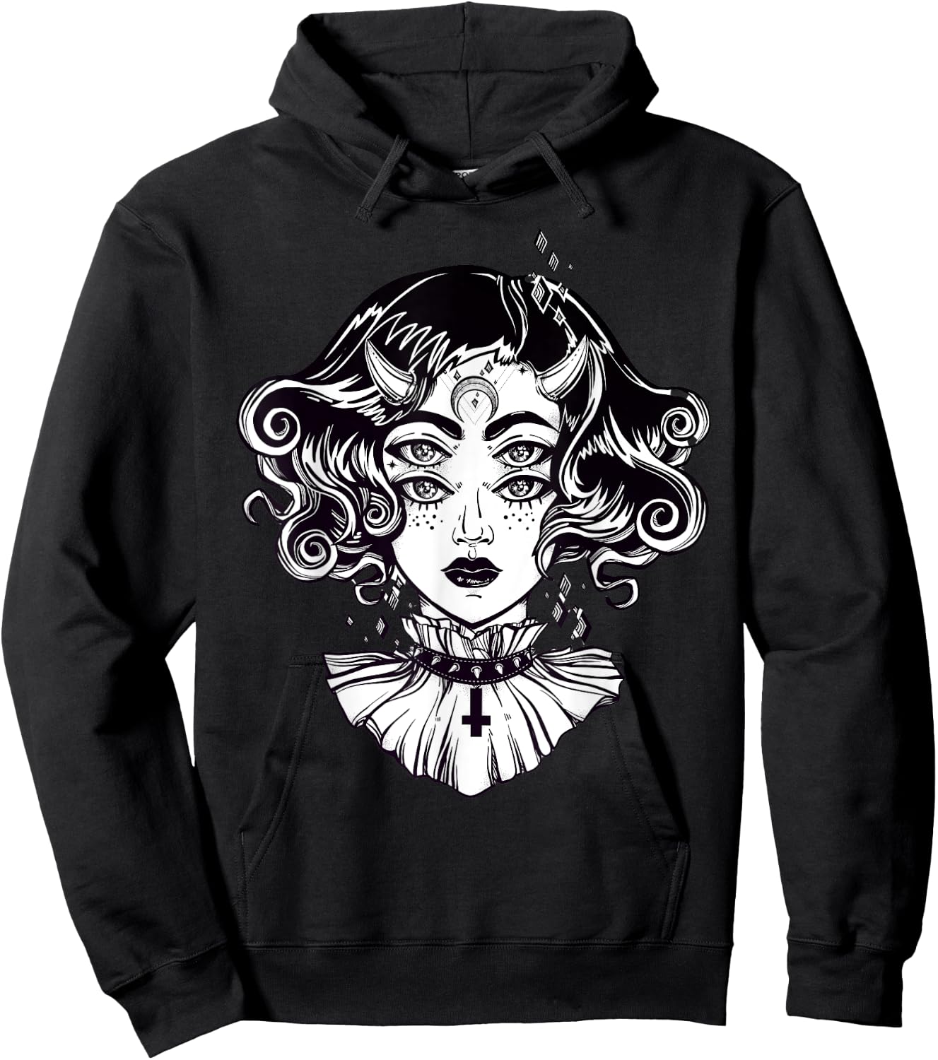 Horned Devil Girl - Satanic Halloween Glitch Goth Hoodie - Hoodie | Black
