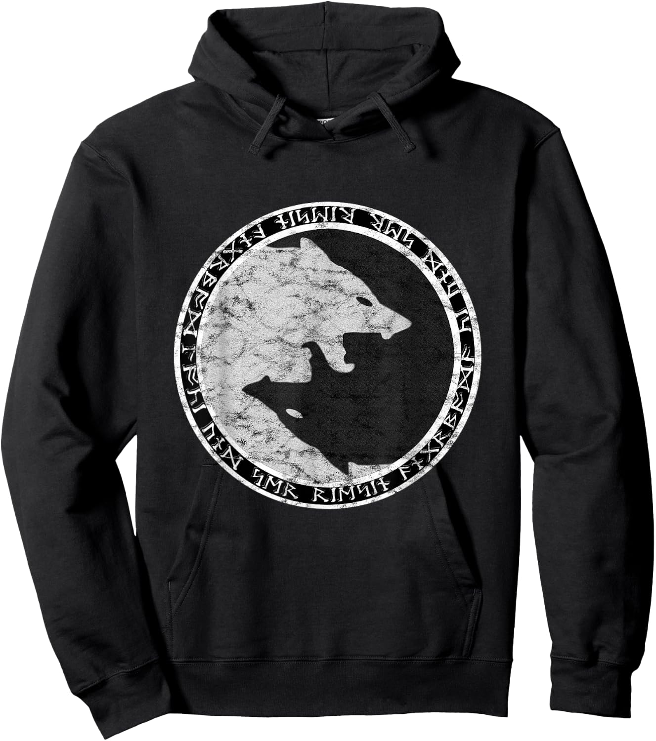 Fenrir Wolf Of Odin With Norse Runes Distressed Hoodie - Hoodie | Black