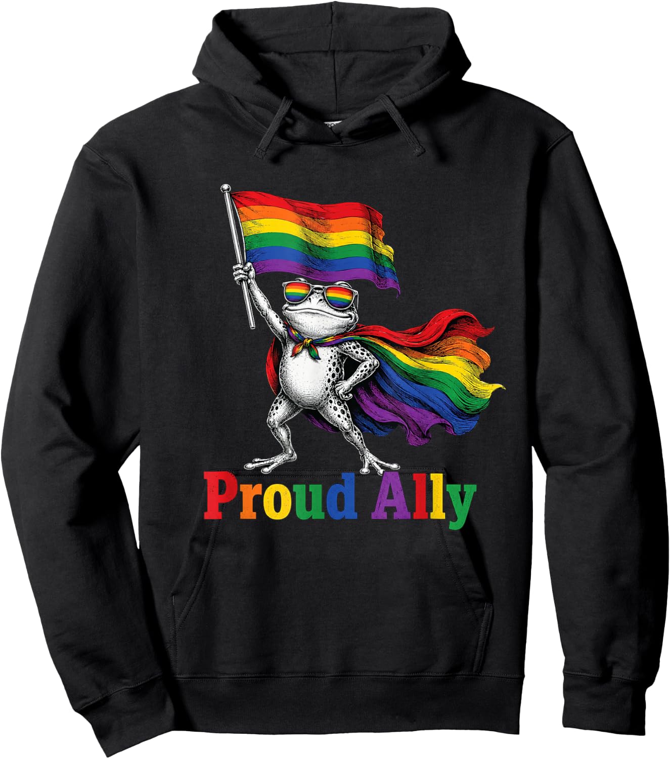 Proud Ally Rainbow Frog Pride Flag Funny LGBTQ Supporter Hoodie - Hoodie | Black