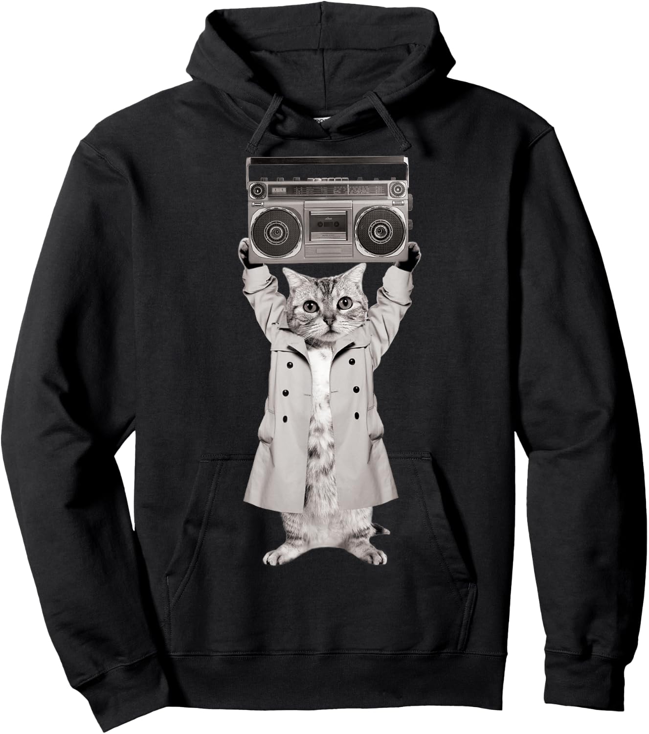 Say Something Cat Boombox Monotone Hoodie - Hoodie | Black