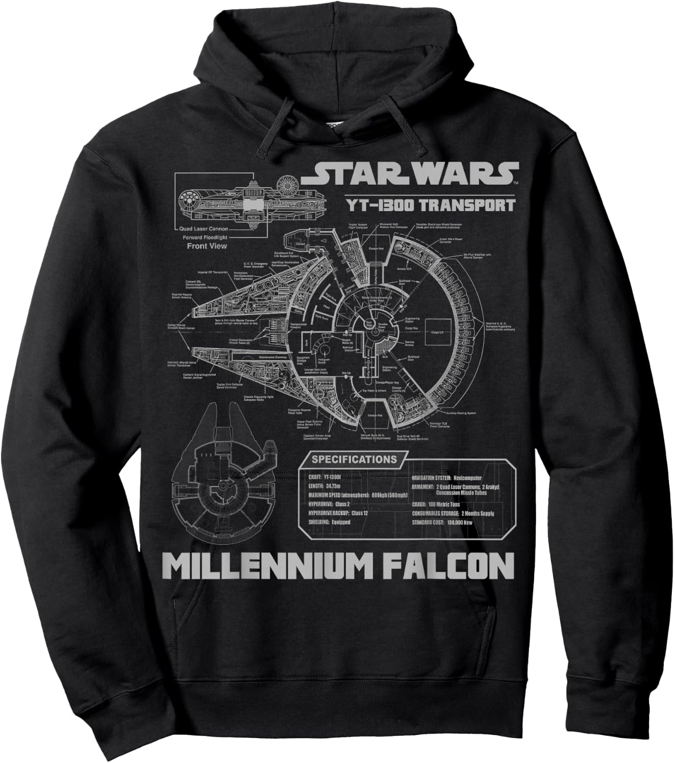 Star Wars Millennium Falcon Grey Schematics Graphic Hoodie - Hoodie | Black