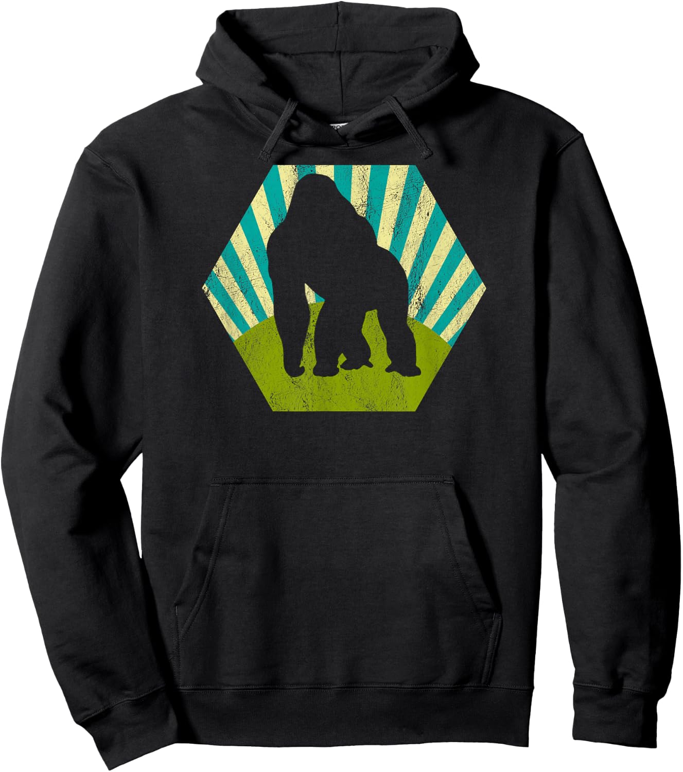 Silverback Gorilla on Retro Blue Green Sunburst Graphic Hoodie - Hoodie | Black