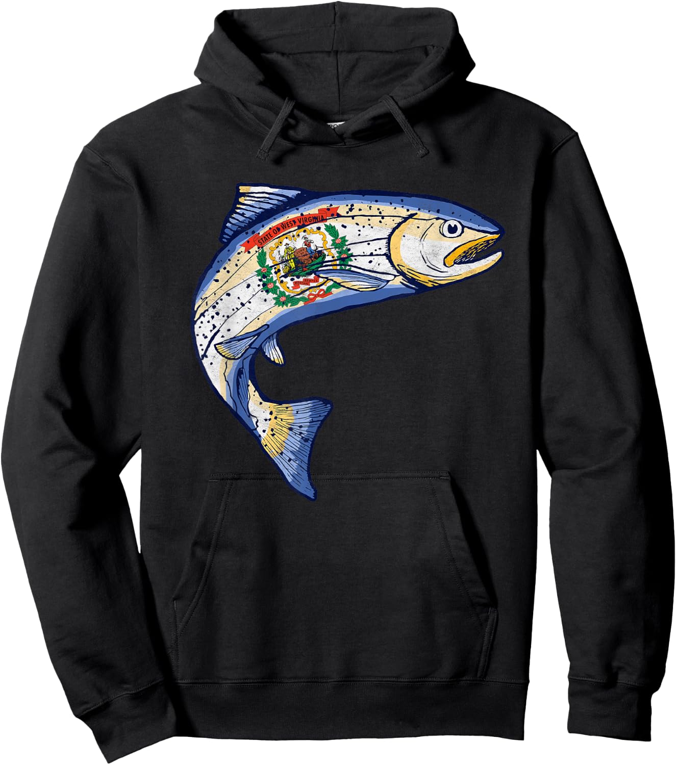 Retro West Virginia Flag Trout Vintage Fly Fishing Graphic Hoodie - Hoodie | Black