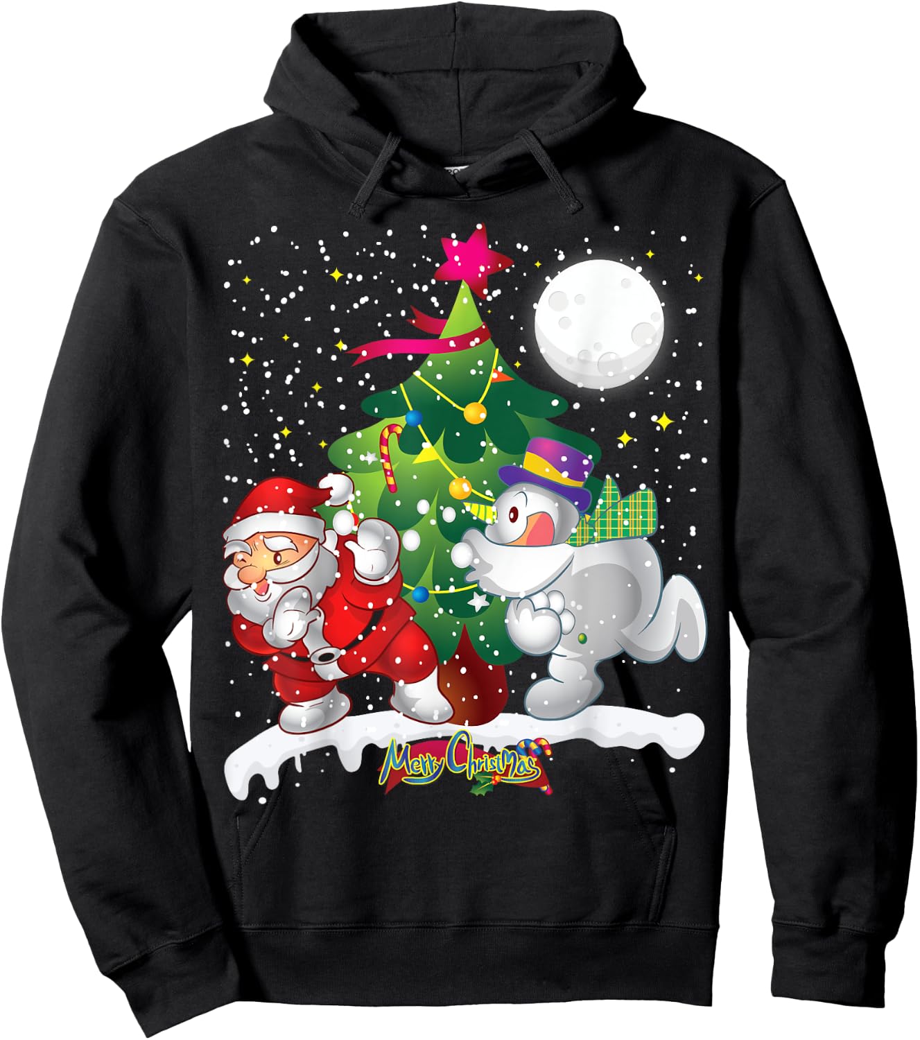 Santa Claus Snowman Tree Balls Funny Merry Christmas Hoodie - Hoodie | Black