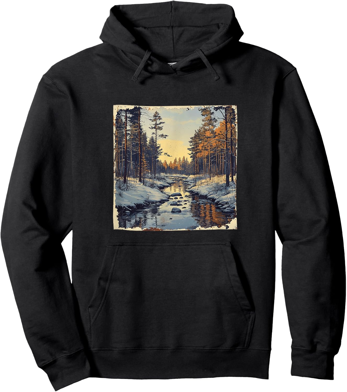 River In Winter Forest Vintage Landscape Graphic Hoodie - Hoodie | Black