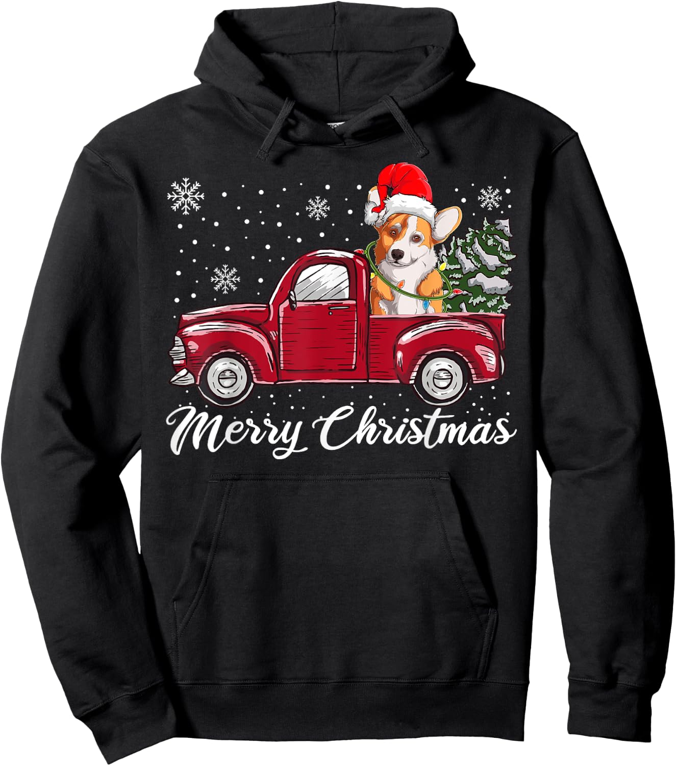 Merry Christmas Dog Sweater, Red Truck Welsh Corgi Pajama Hoodie - Hoodie | Black