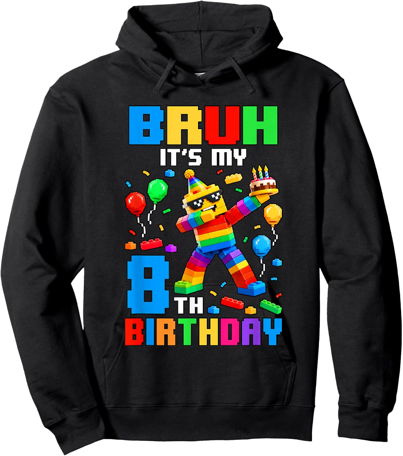 Bruh It's My 8th Birthday Building Brick 8 Years Old Boys Hoodie - Hoodie | Black
