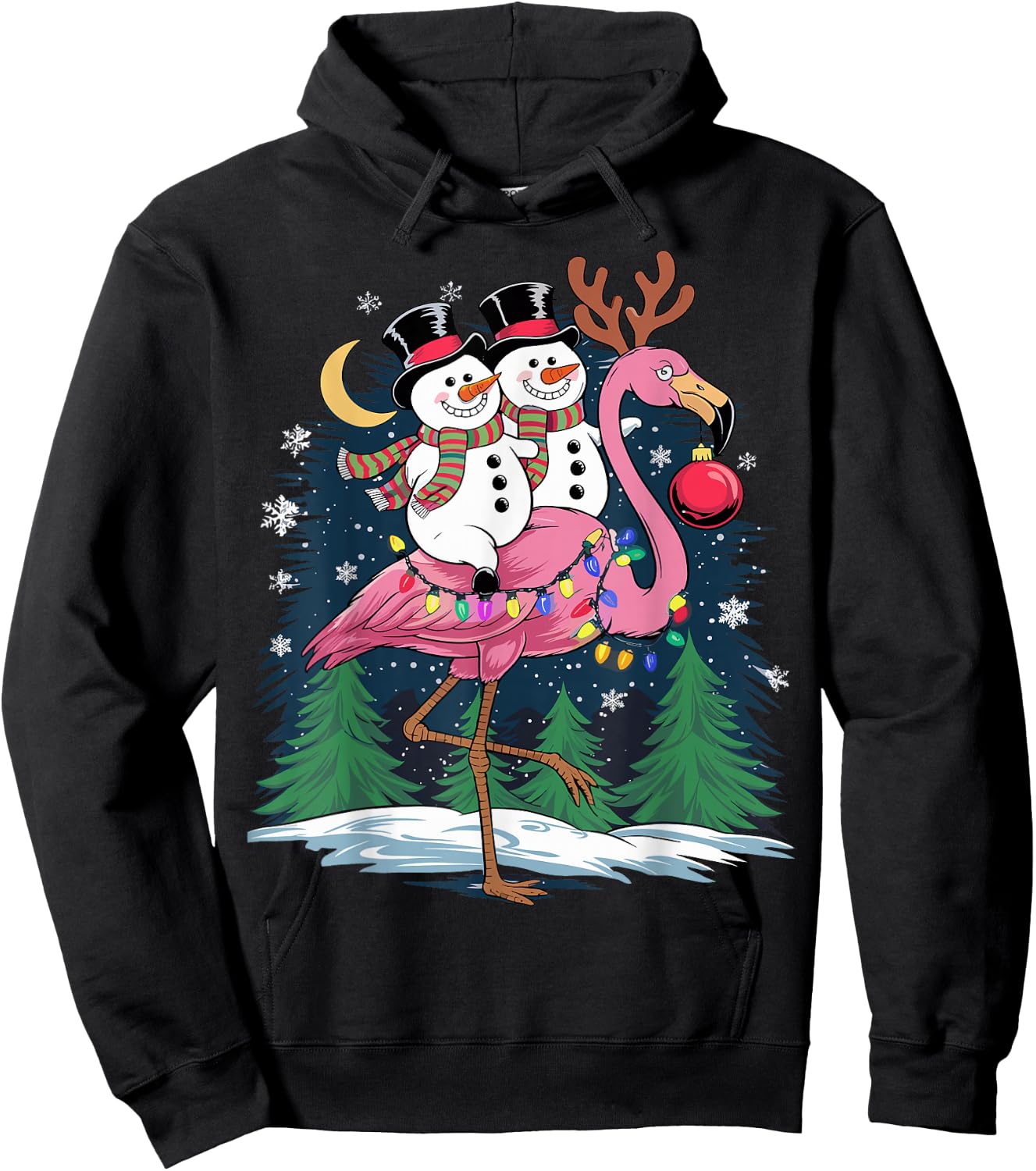 Christmas Snowman Riding Flamingo Xmas Girls Women Hoodie - Hoodie | Black