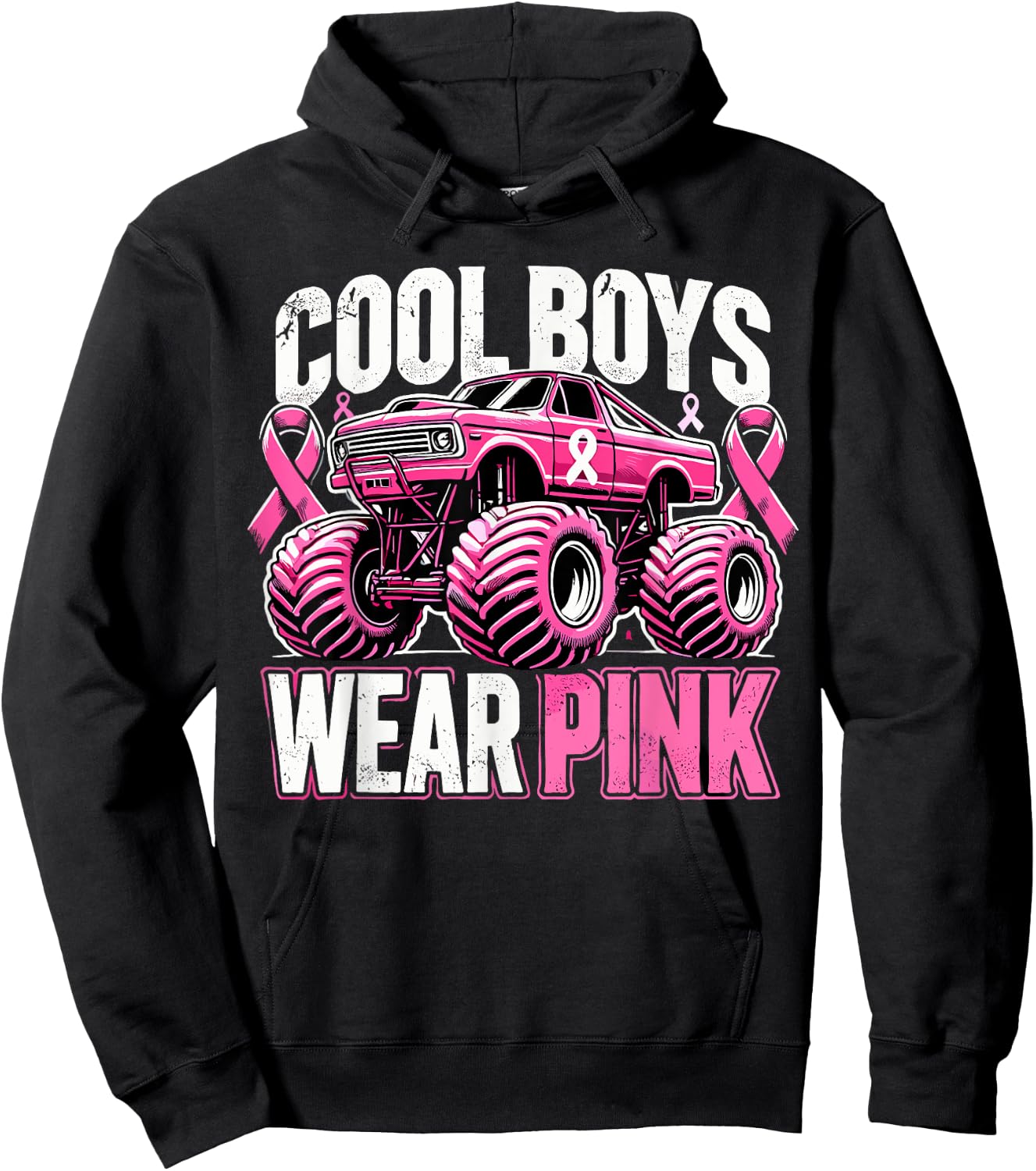 Monster Truck Breast Cancer Awareness Cool Boys Wear Pink Hoodie - Hoodie | Black