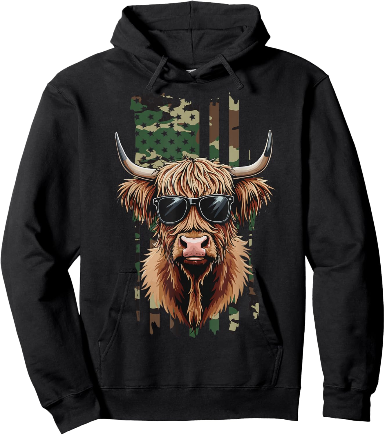 Highland Cow Camo American Flag, Patriotic Highland Cow Hoodie - Hoodie | Black