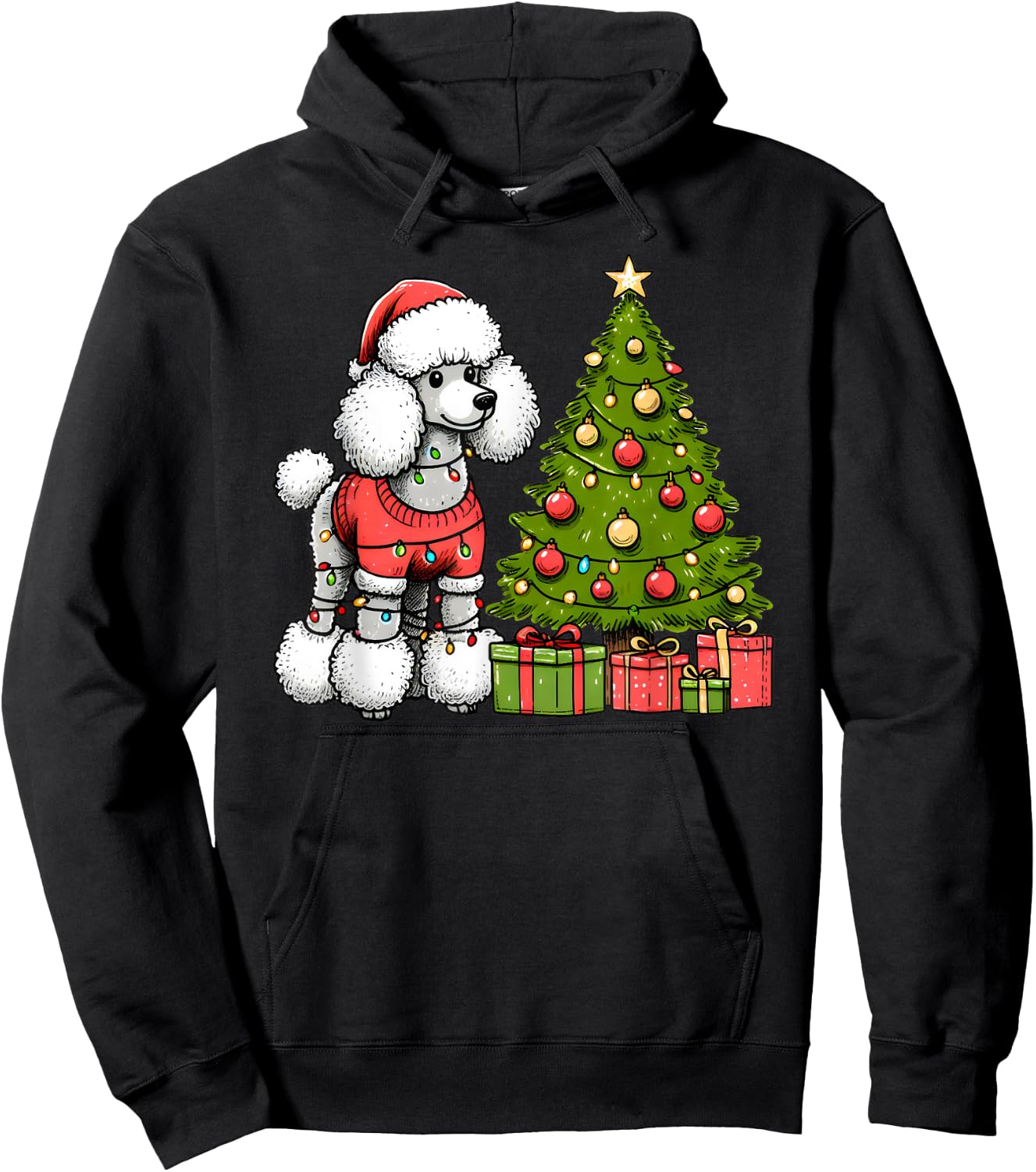 Merry Christmas Poodle Santa Christmas Lights Dog Xmas Tree Hoodie - Hoodie | Black