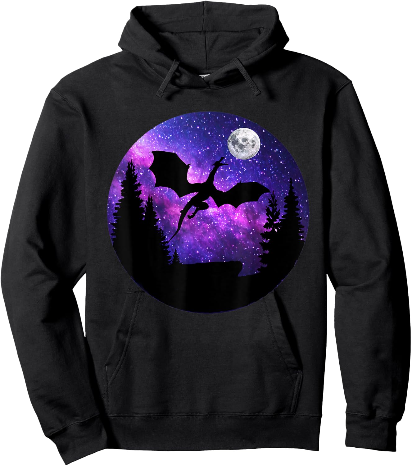 Dragon In Night Sky Full Moon Purple Galaxy Cosmic Art Hoodie - Hoodie | Black