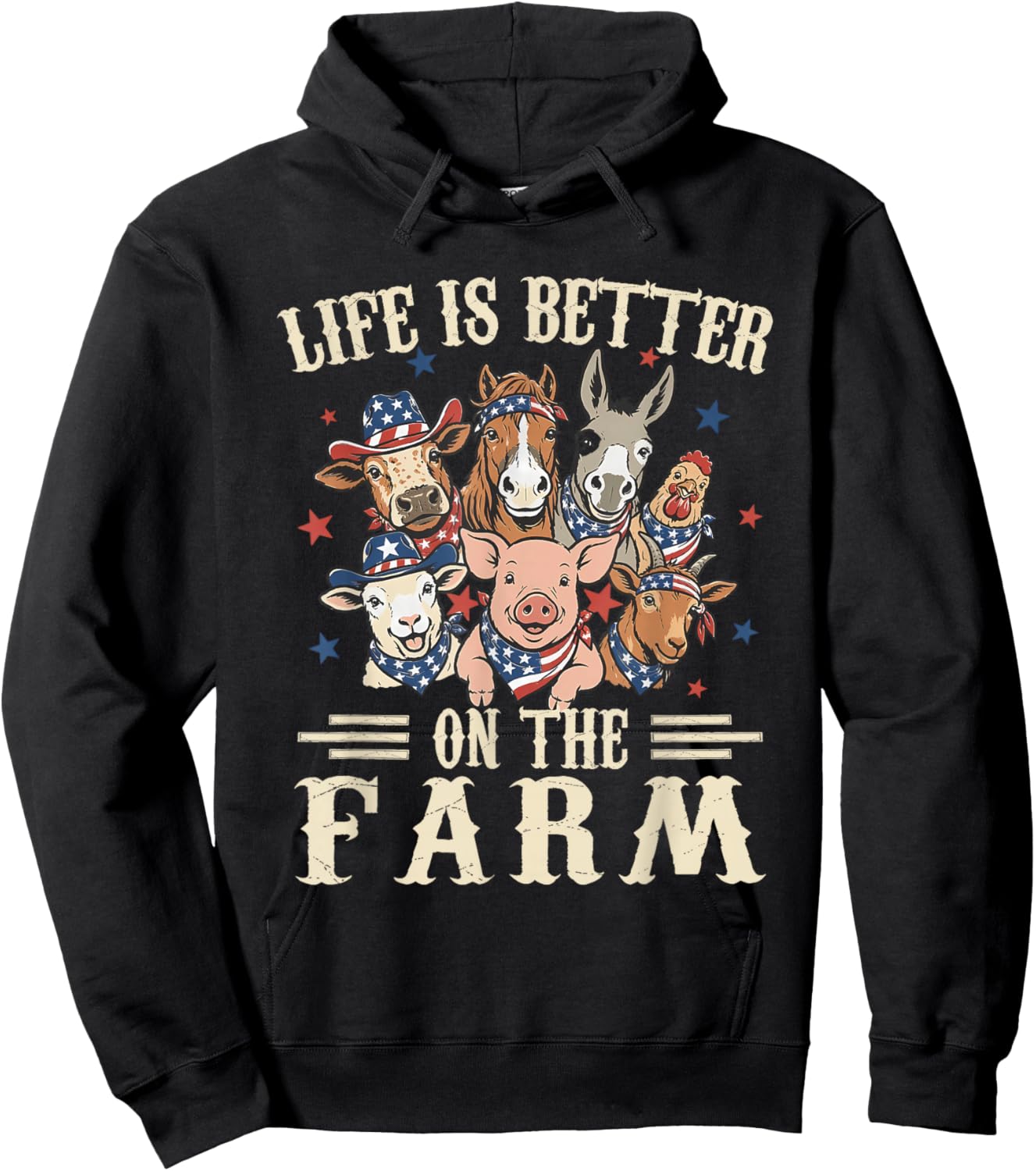 Life is Better on The Farm 4th of July Patriotic Animals Hoodie - Hoodie | Black