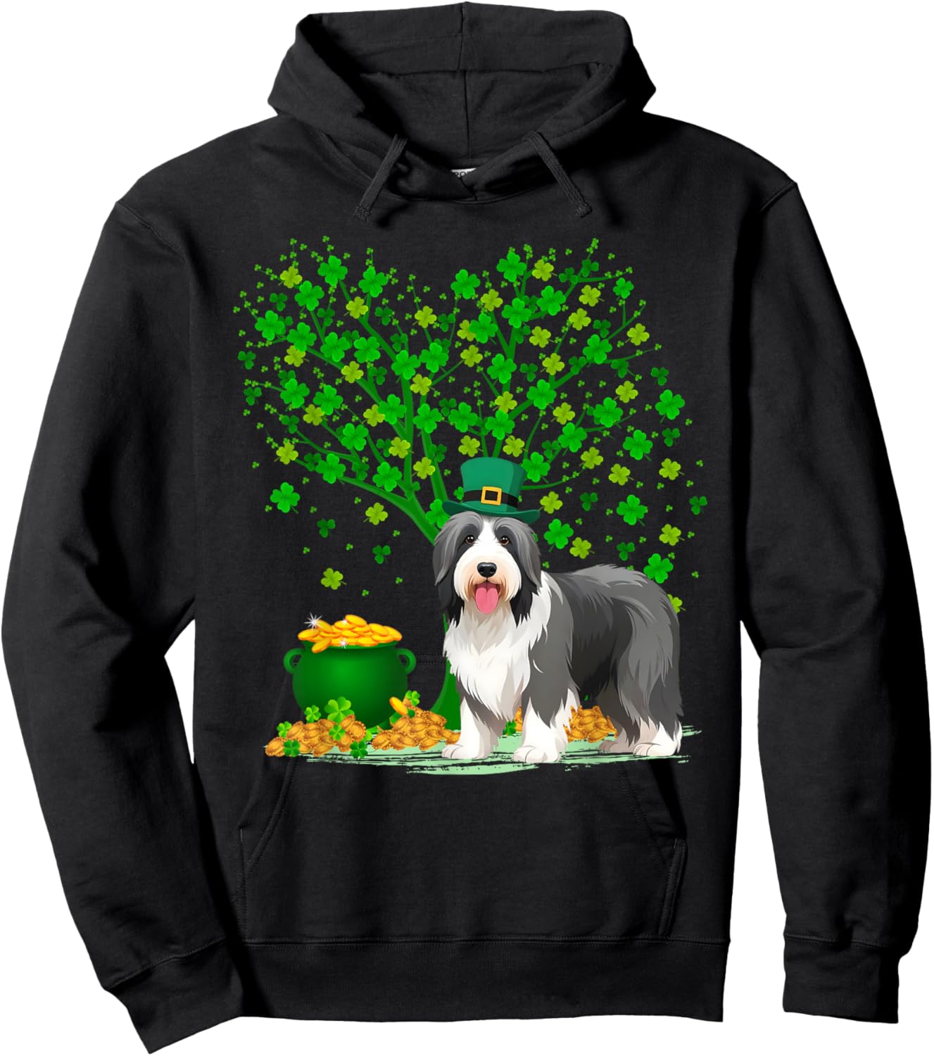 Shamrock Tree Leprechaun Bearded Collie Dog St Patrick's Day Hoodie - Hoodie | Black