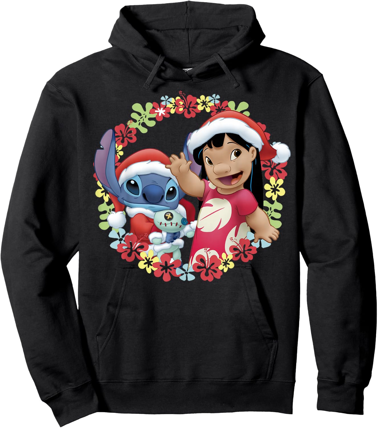Disney Lilo & Stitch Christmas Hawaiian Flower Wreath Hoodie - Hoodie | Black