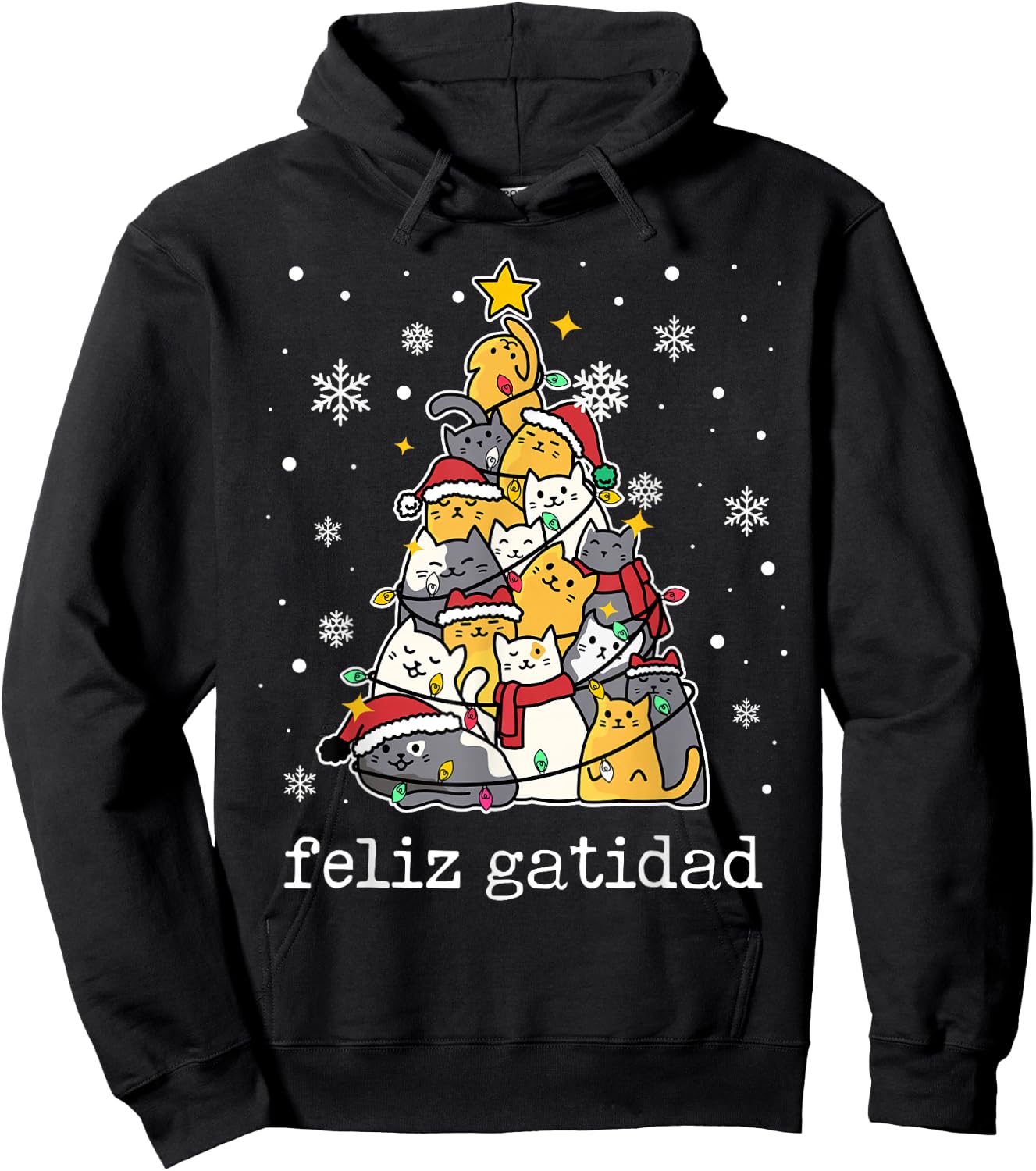 Feliz Navidad Cat Lover Xmas Tree Spanish Mexican Christmas Hoodie - Hoodie | Black