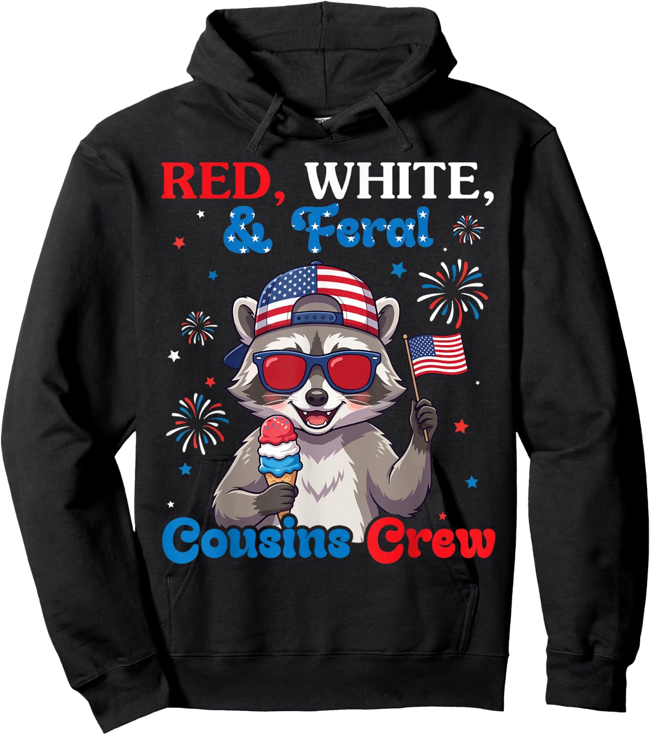 Red White Feral Cousins Crew Patriotic Raccoon July 4th Boys Hoodie - Hoodie | Black