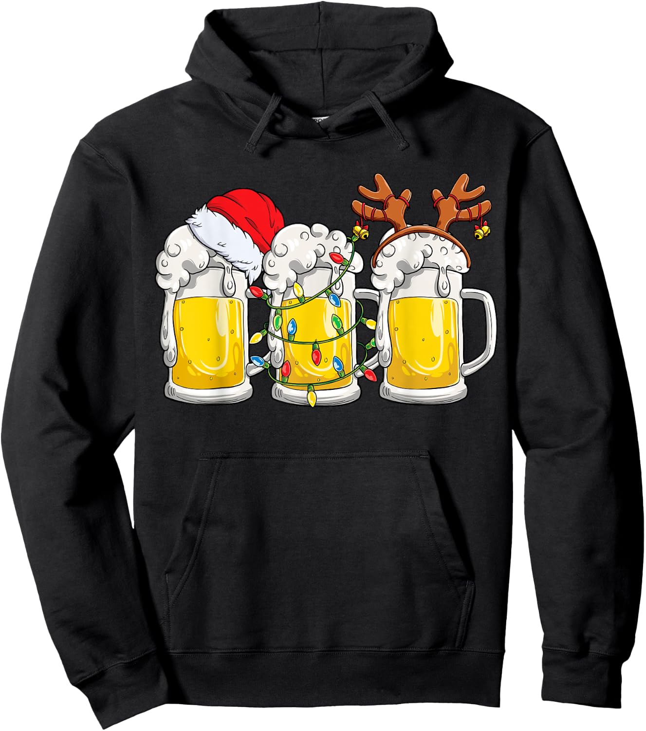 Beer Christmas Mug Santa Reinbeer Xmas Tree Lights Men Women Hoodie - Hoodie | Black