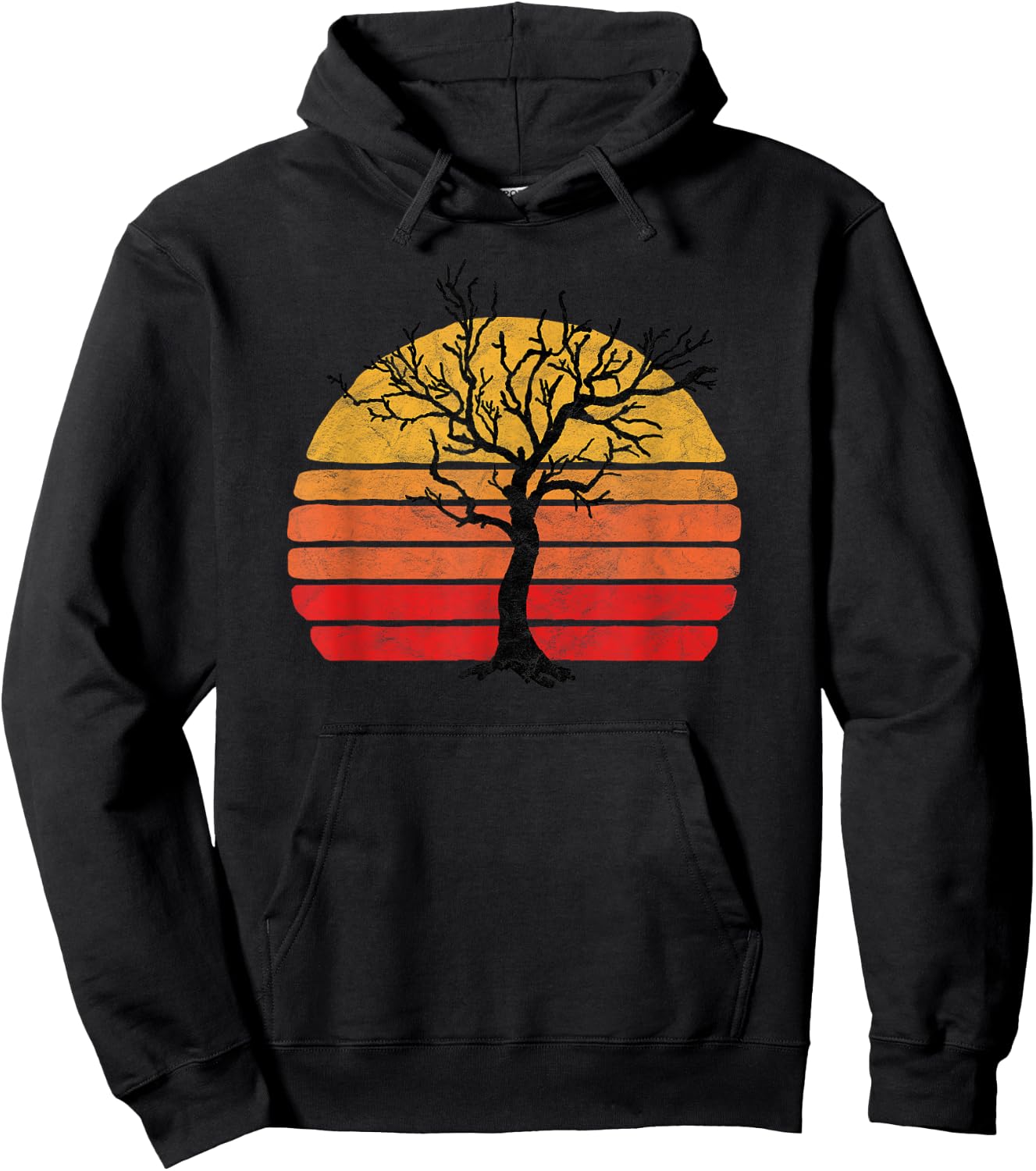 Retro Sun Minimalist Leafless Tree Design Graphic Hoodie - Hoodie | Black