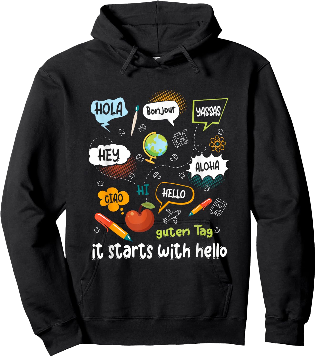 Friendship Inclusion Language Teacher It Starts With Hello Hoodie - Hoodie | Black