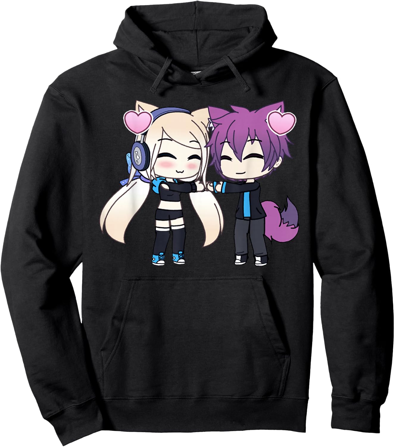 Cute Chibi Style Kawaii Anime Girl and Boy Couple and Hearts Hoodie - Hoodie | Black