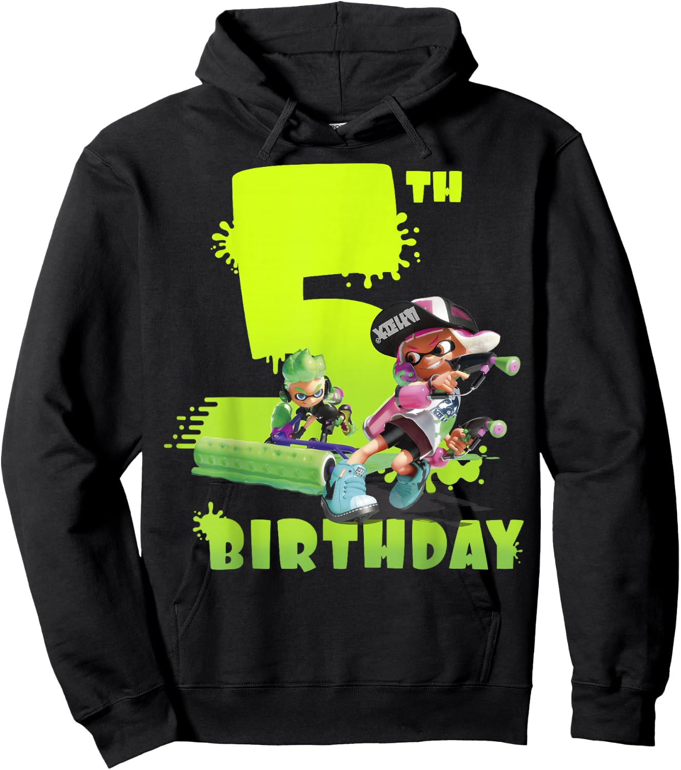 Splatoon Inkling 5th Birthday Green Splatter Portrait Hoodie - Hoodie | Black
