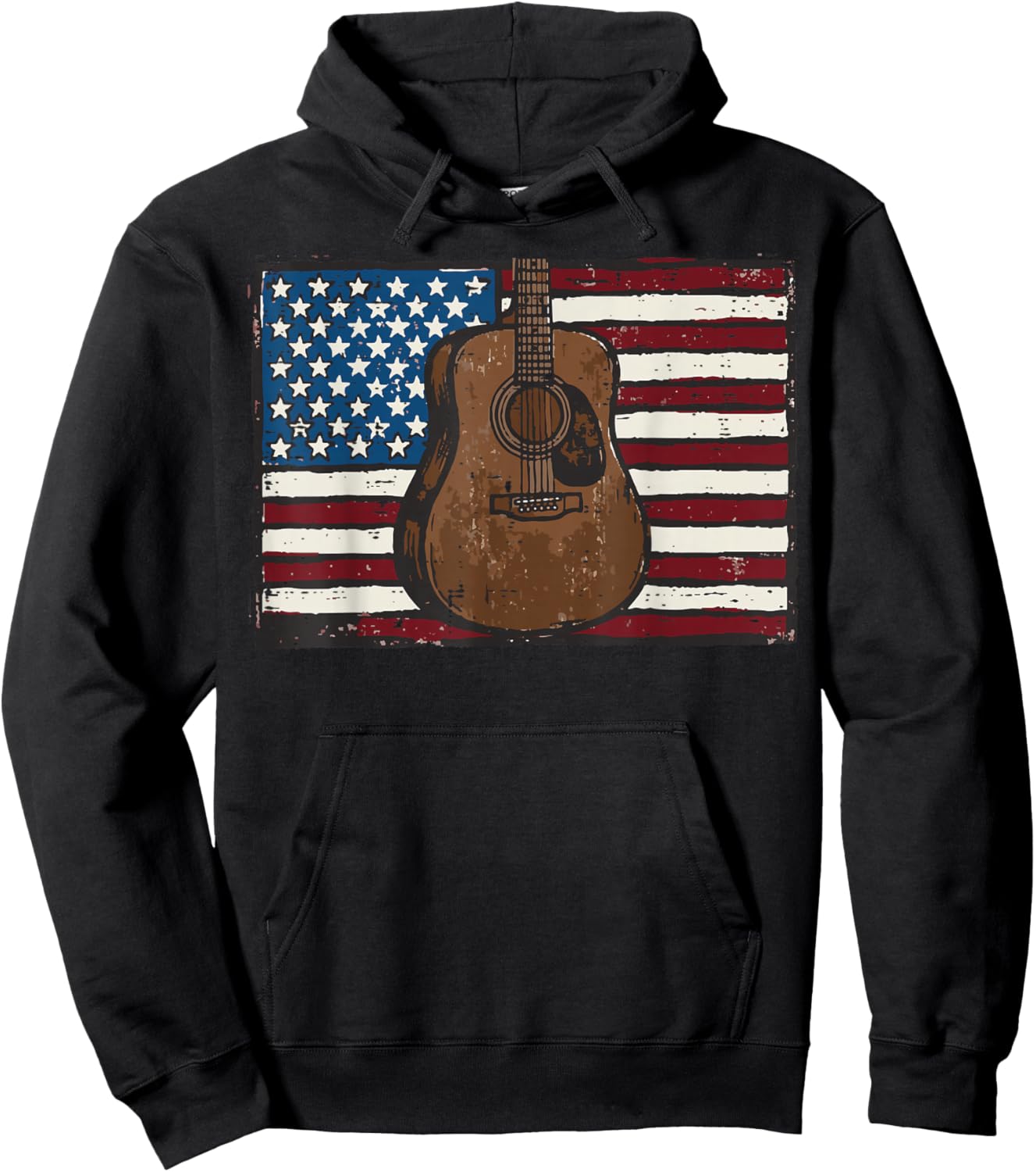 4th of July Acoustic Guitar US Flag Patriotic Men Women Kids Hoodie - Hoodie | Black