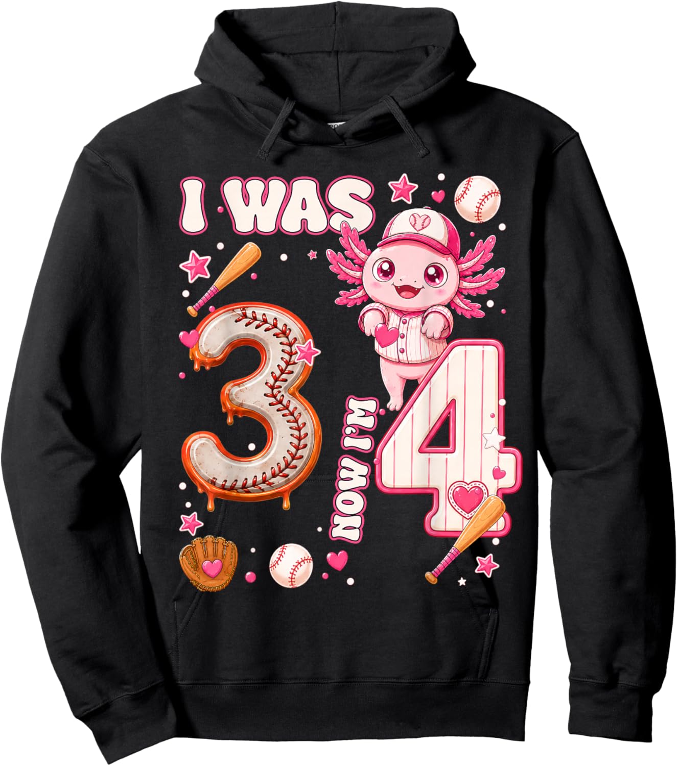 I was 3 Now I'm 4 Baseball Axolotl 4th Birthday Kids Party Hoodie - Hoodie | Black