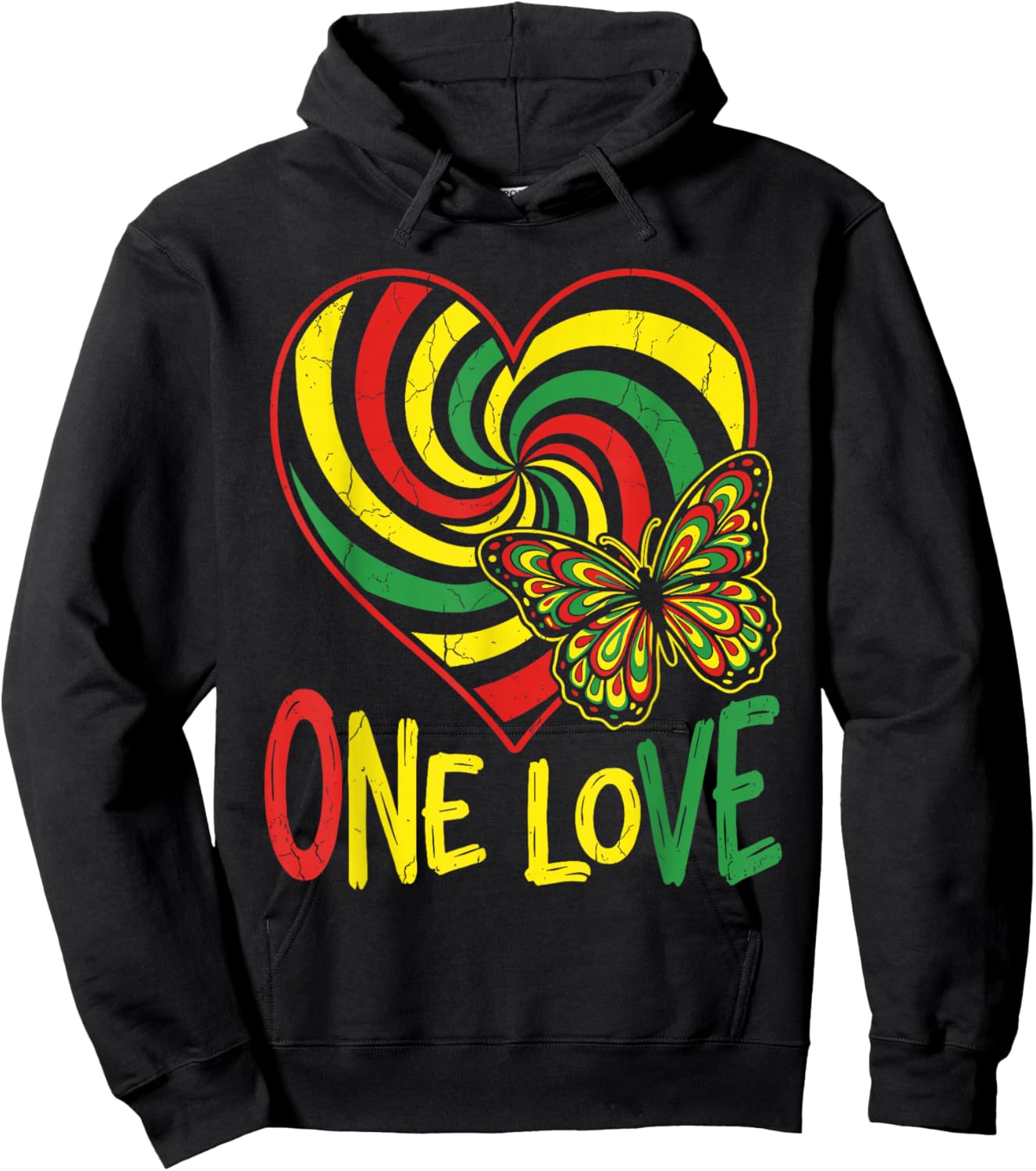 One Love Rasta Heart Butterfly Reggae Roots Jamaica Style Hoodie - Hoodie | Black