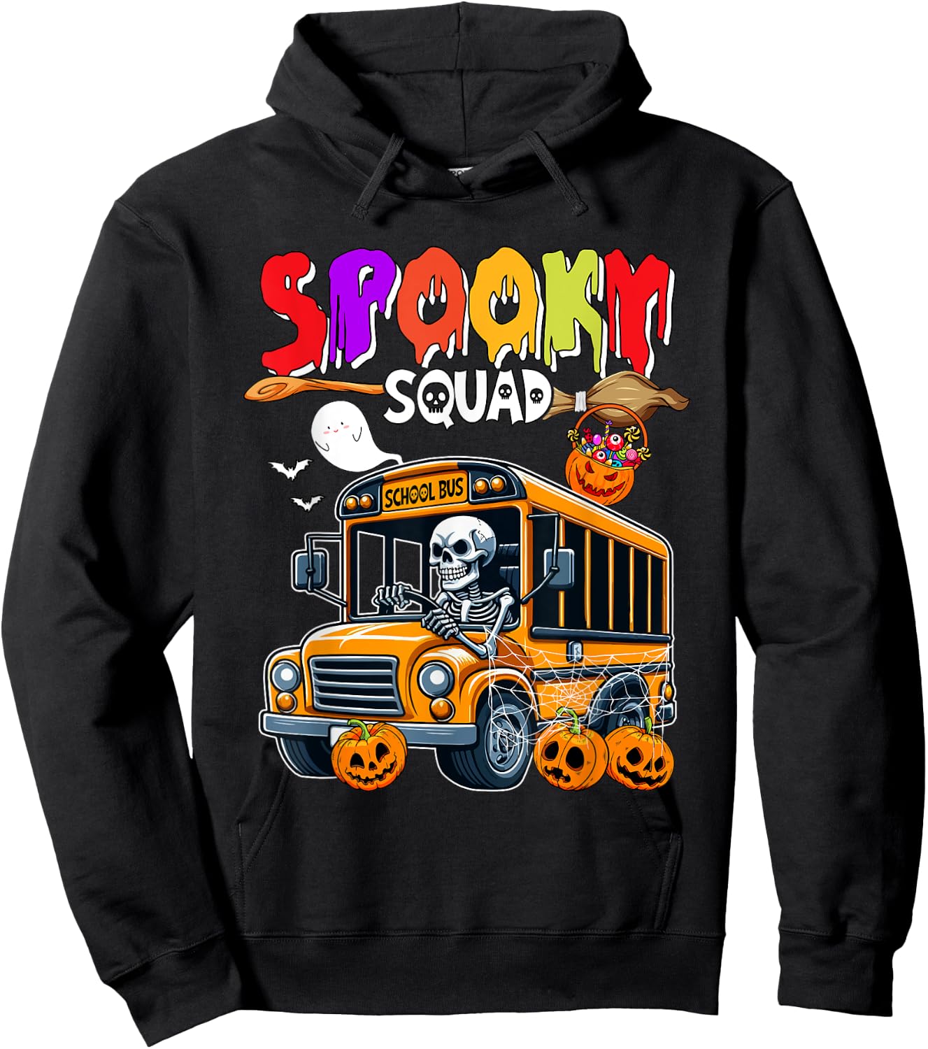 Spooky Halloween Squad Horror Skeleton Driving School Bus Hoodie - Hoodie | Black