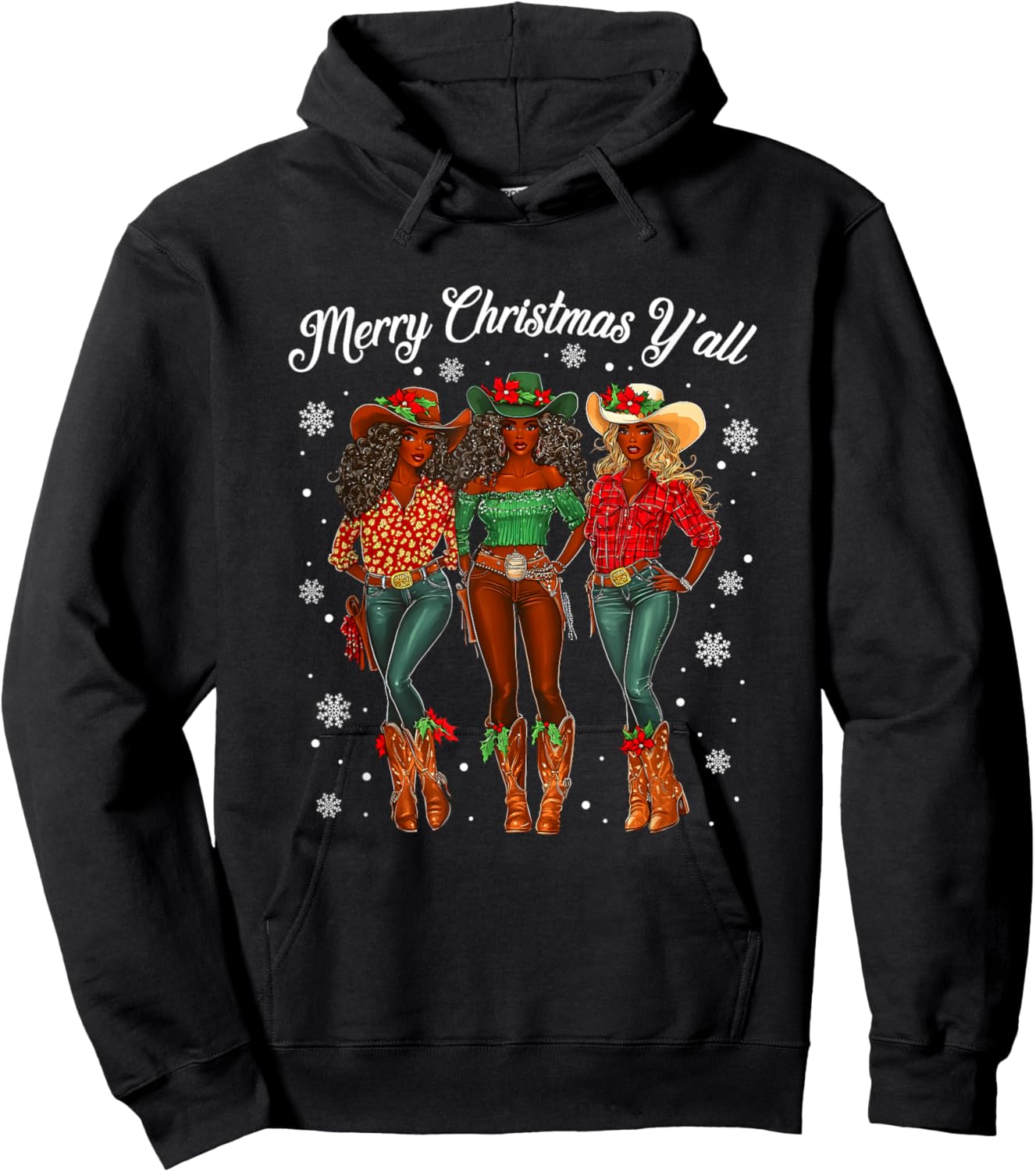Merry Christmas Y'all Black Cowgirls African Christmas Xmas Hoodie - Hoodie | Black