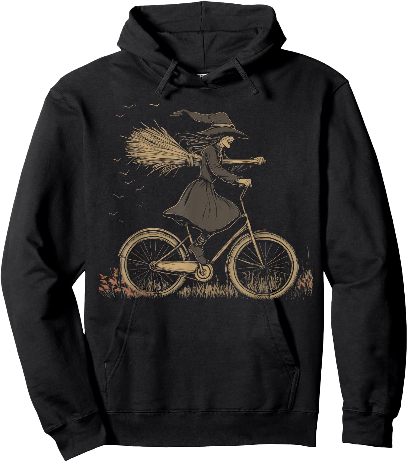 Vintage Spooky Witch Riding Bicycle Cycing Biking Halloween Hoodie - Hoodie | Black
