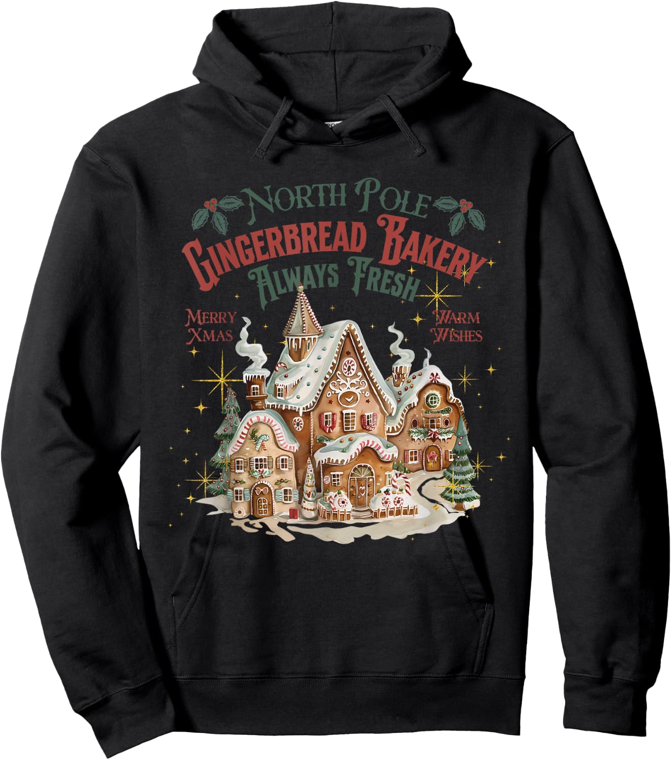 Retro Vintage North Pole Gingerbread Bakery Merry Christmas Hoodie - Hoodie | Black