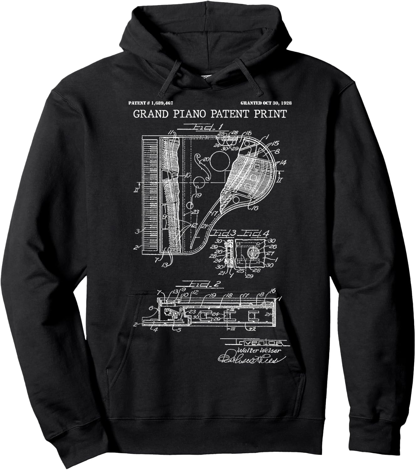Grand Piano Patent Print 1928 - Vintage Patent Music Art Hoodie - Hoodie | Black