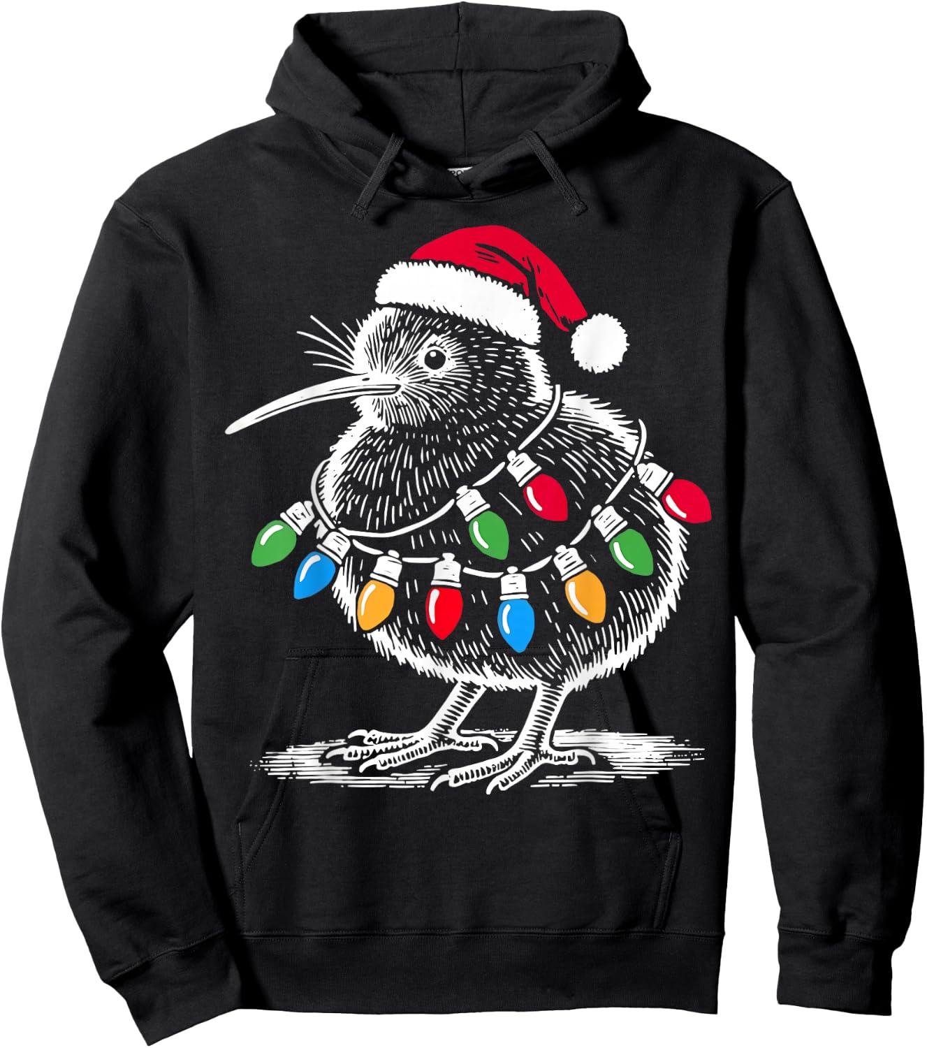Vintage Kiwi Bird Santa Hat Christmas Light Birding Animal Hoodie - Hoodie | Black
