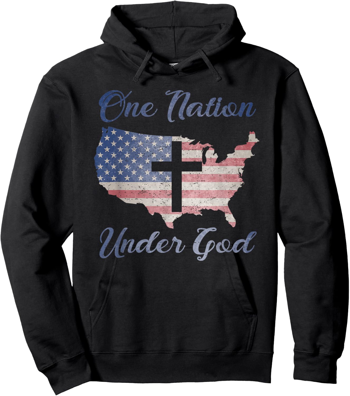 ONE NATION UNDER GOD Christian Cross American Flag USA Map Hoodie - Hoodie | Black