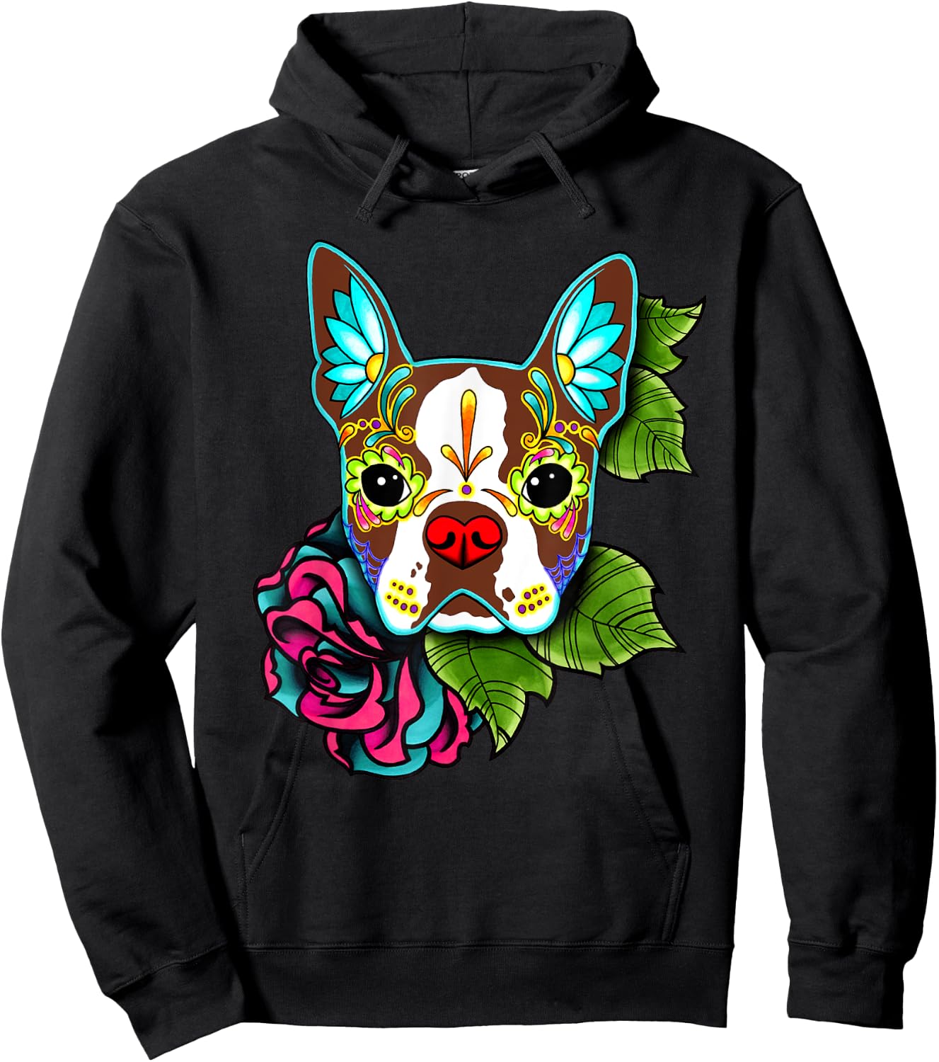 Boston Terrier in Red - Day of the Dead Sugar Skull Dog Hoodie - Hoodie | Black