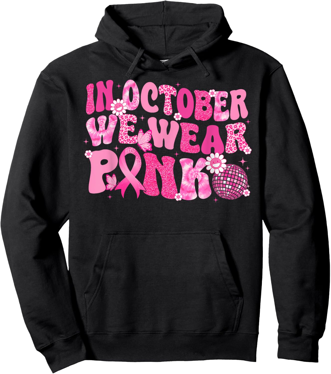 In October We Wear Pink Breast Cancer Awareness Disco Retro Hoodie - Hoodie | Black