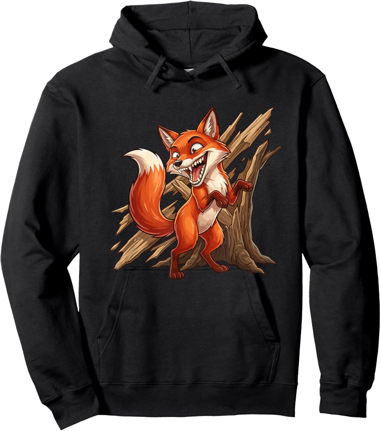 Mischievous Cartoon Fox Crashing Through Wood Hoodie - Hoodie | Black