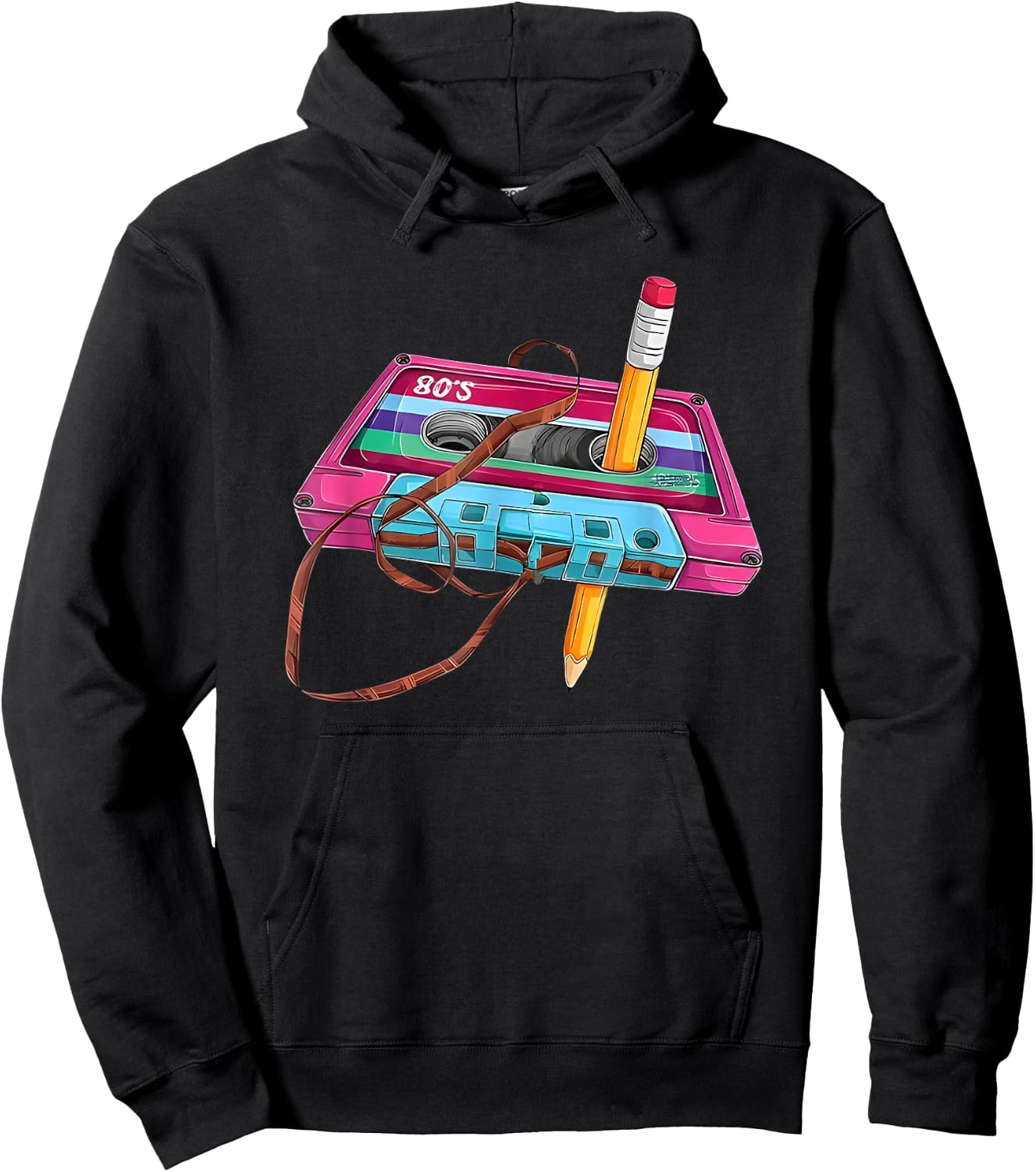 Vintage Rewinding Cassette Tape with Pencil Print Hoodie - Hoodie | Black