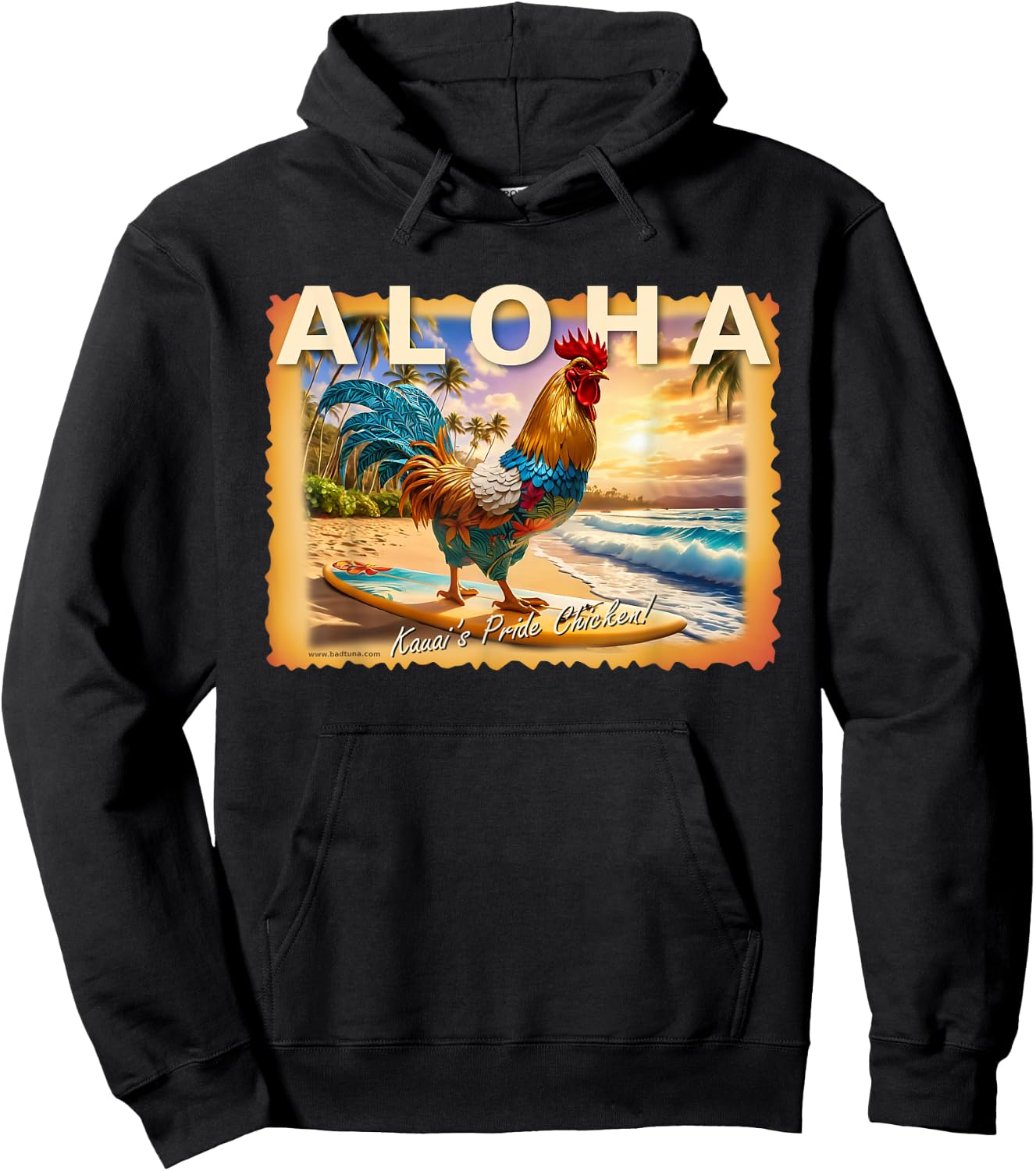Bad Tuna Kauai's Pride Chicken with Aloha - Adults - Black - Small - Short Sleeve - Cotton Blend - Hawaiian - Unique Hawaiian Design Hoodie - Hoodie | Black