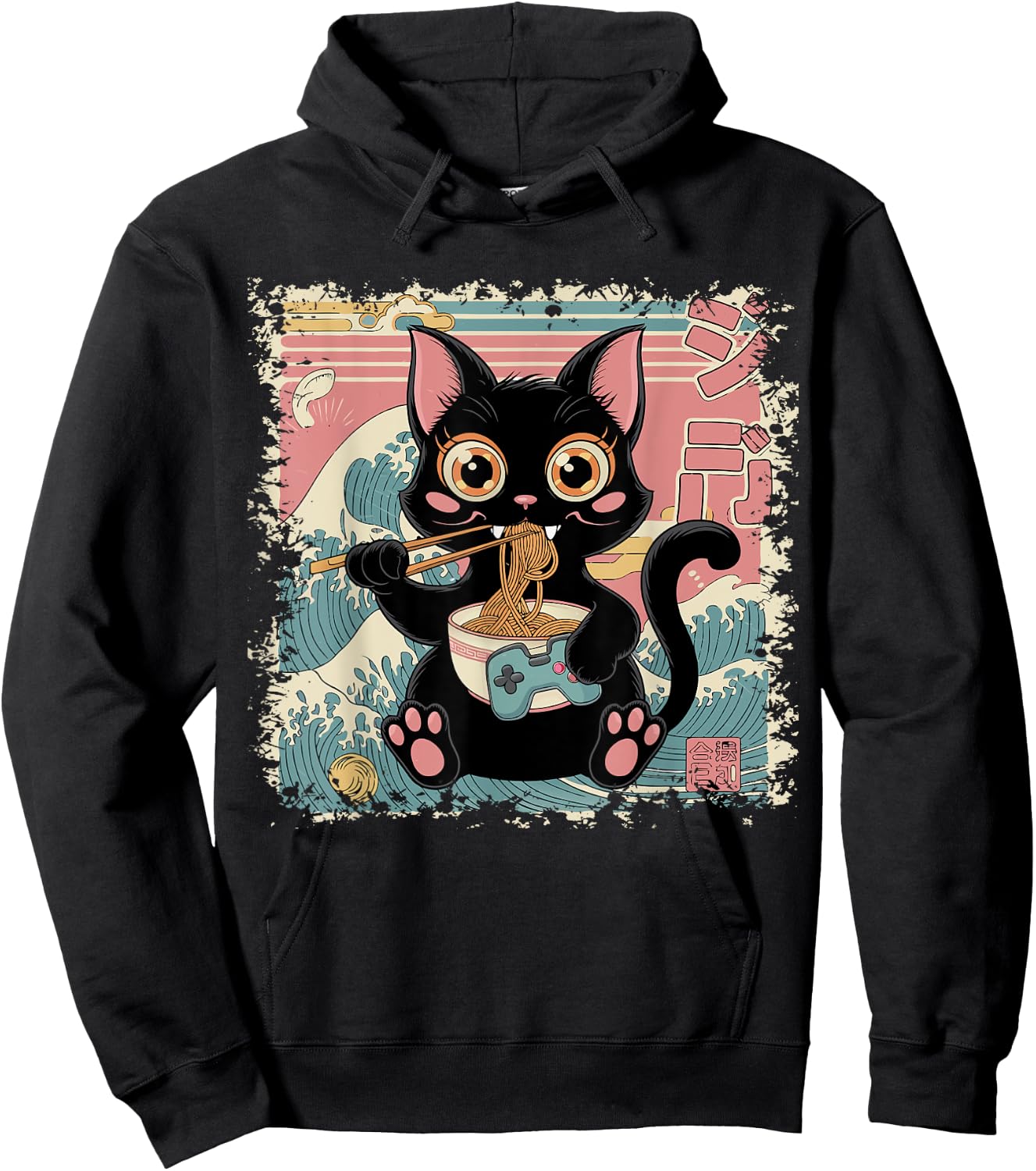Cat Ramen Gaming Japanese Funny Graphic Kawaii Cat Anime Hoodie - Hoodie | Black