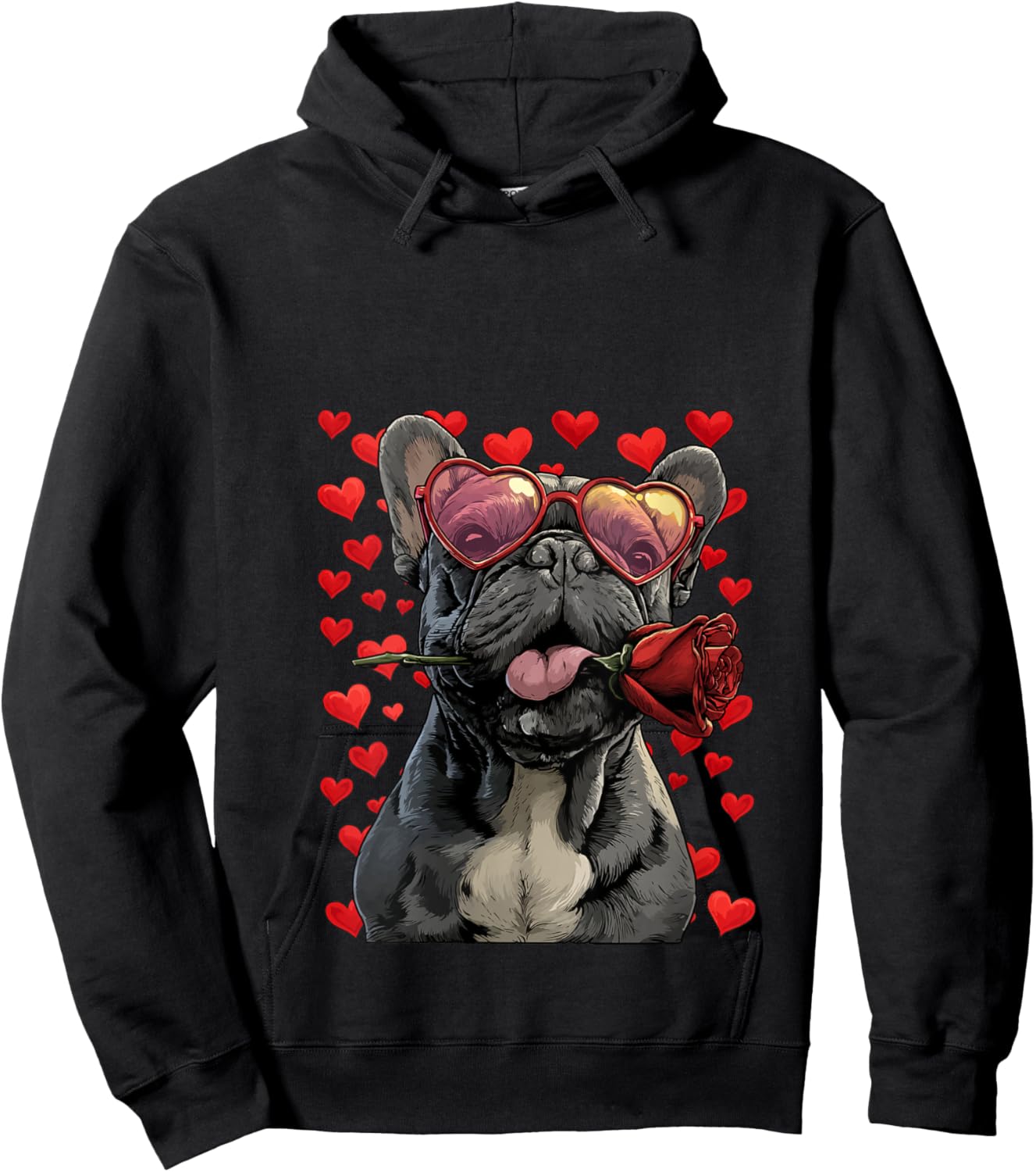 French Bulldog with Heart Glasses Rose Valentine's Day Dog V-Neck Hoodie - Hoodie | Black
