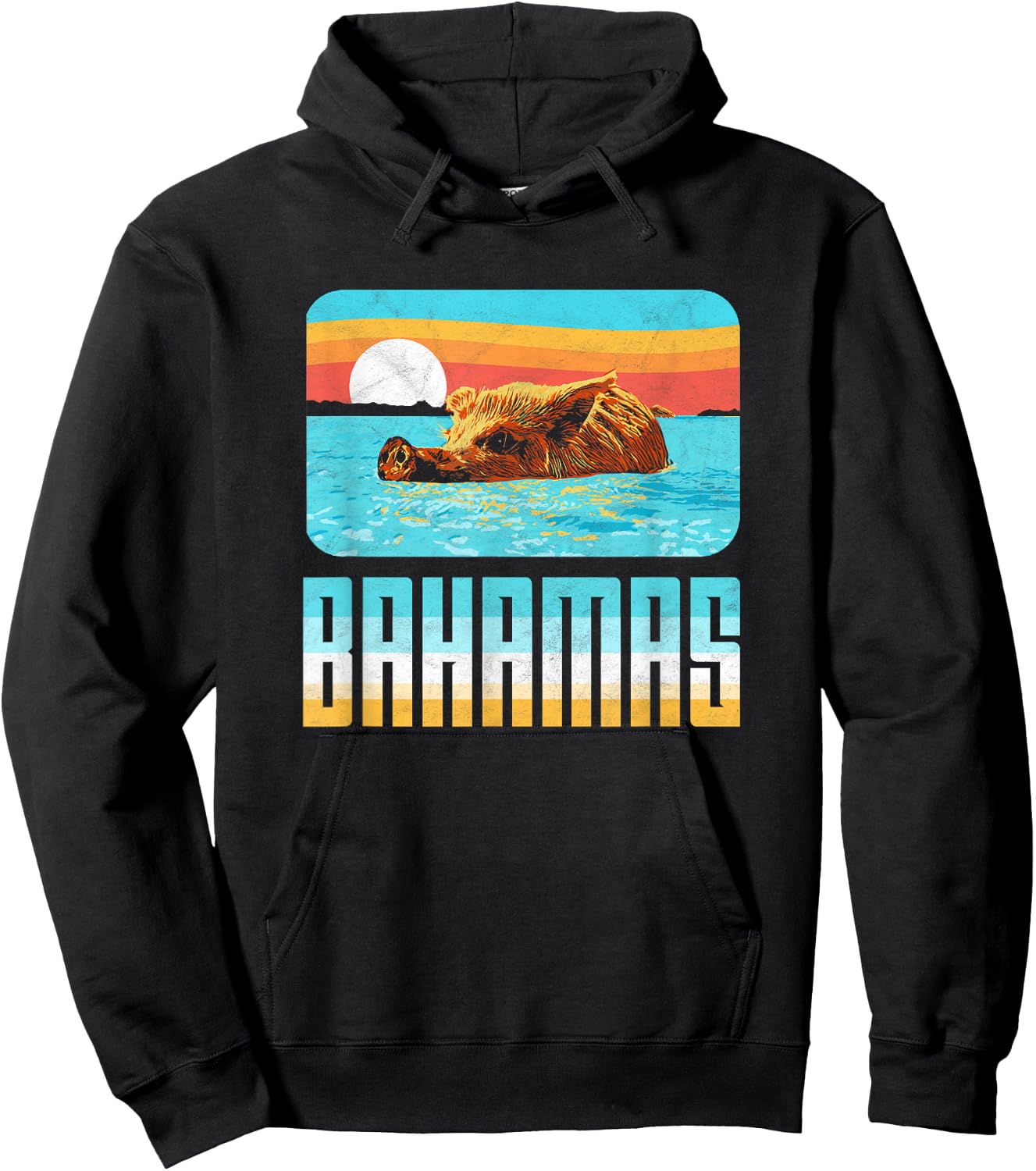 Retro Bahamas Swimming Pig Funny Vintage Feral Hog Beach Hoodie - Hoodie | Black