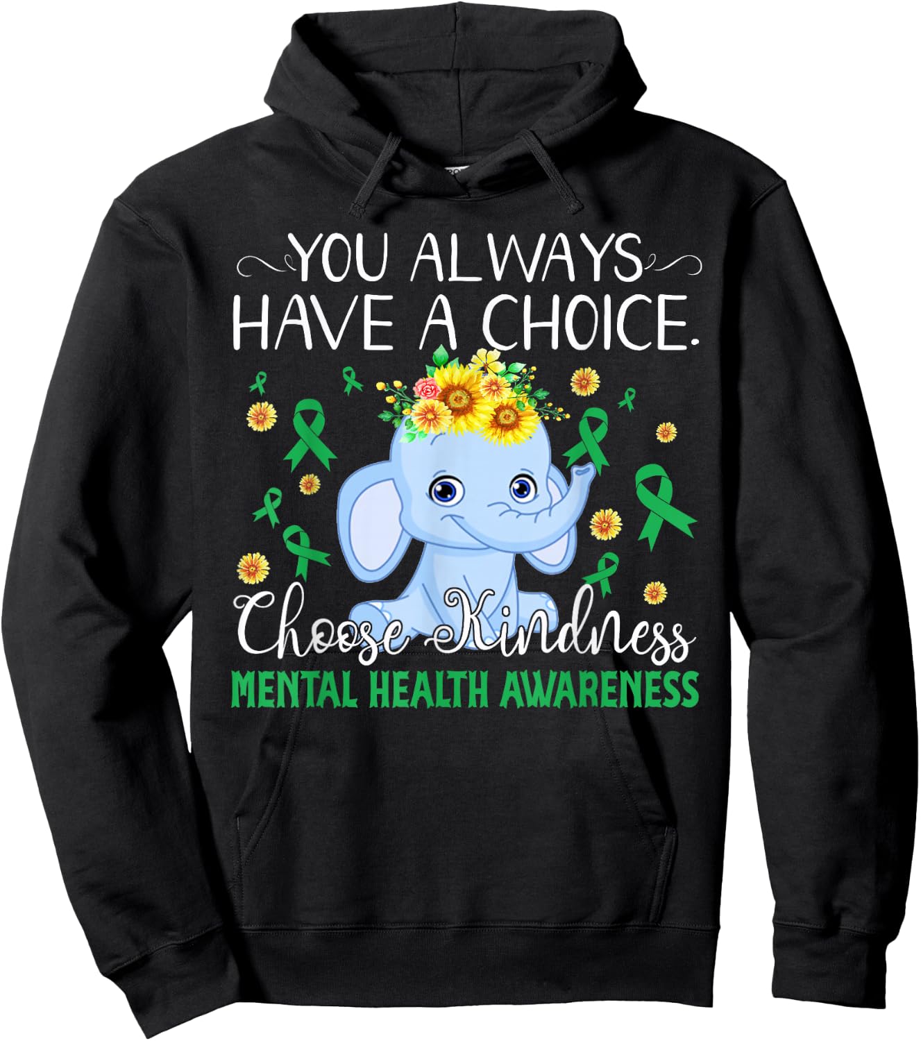 Elephant Choose Kind Mental Health Awareness Hoodie - Hoodie | Black