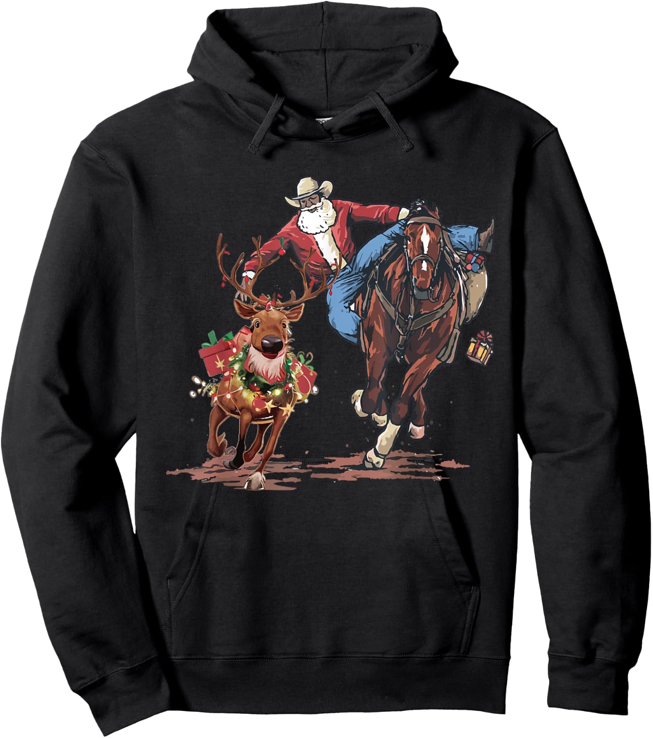 Cowboy Santa Riding Horse Reindeers Christmas Hoodie - Hoodie | Black