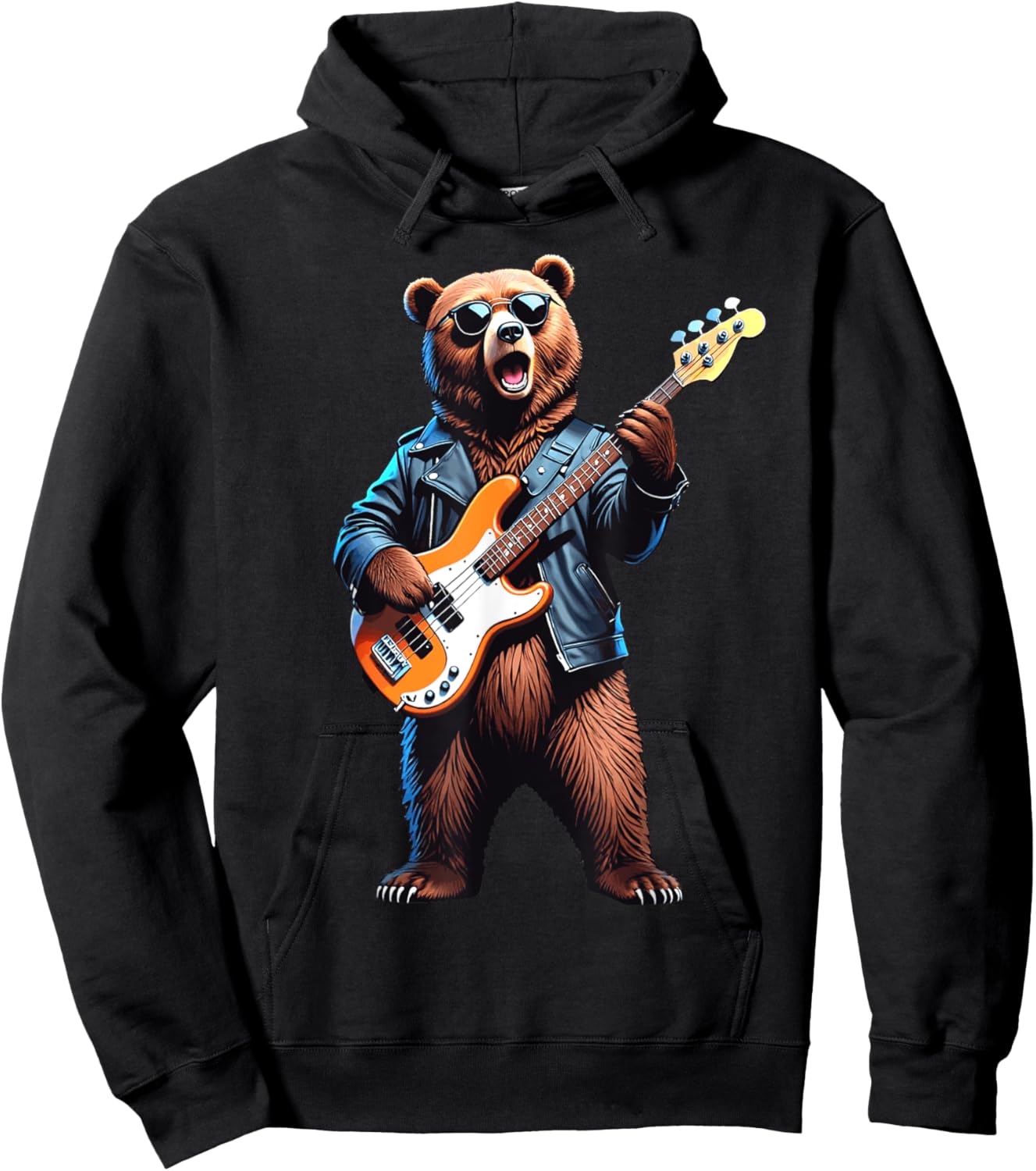 Retro Bear Playing Bass Guitar Bassist Guitarist Music Lover Hoodie - Hoodie | Black
