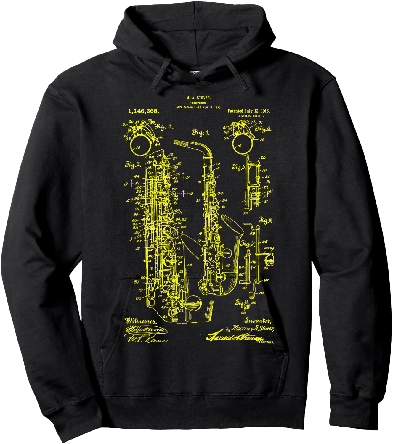 Saxophone Old Vintage Patent Drawing Print Saxophone Hoodie - Hoodie | Black