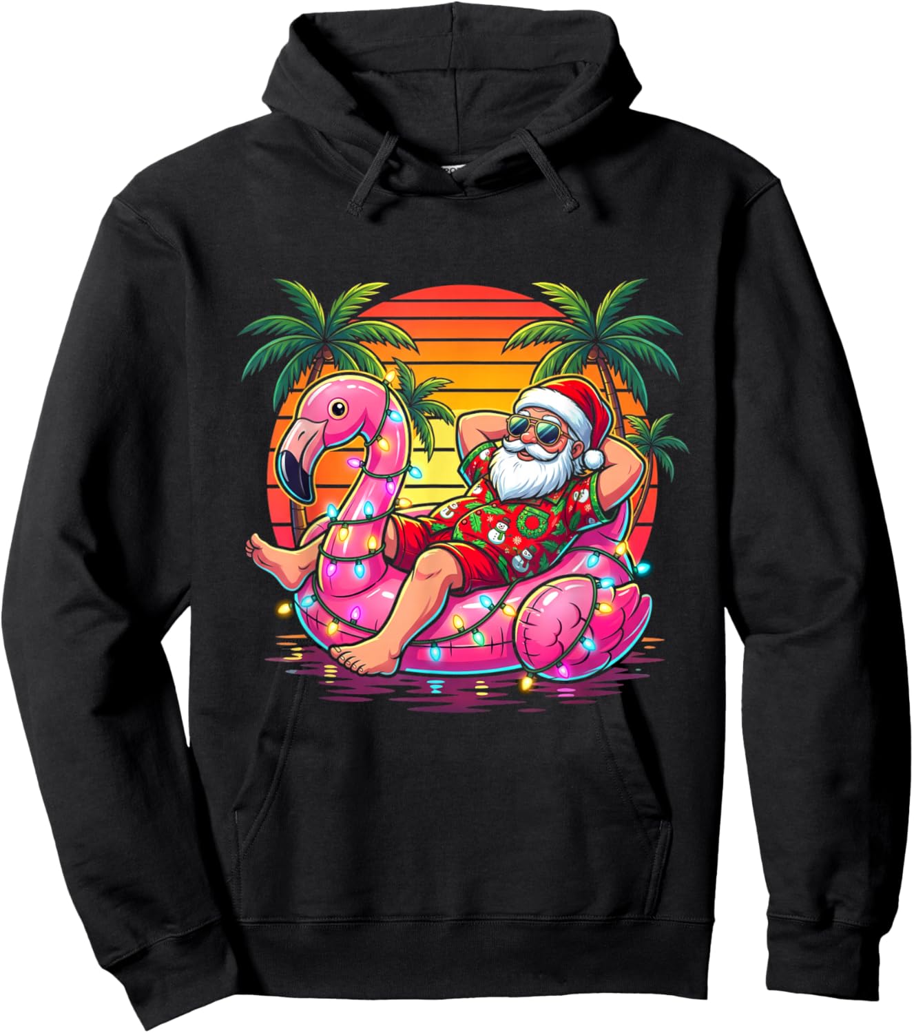 Christmas in July Santa Flamingo Float Summer Beach Xmas Hoodie - Hoodie | Black