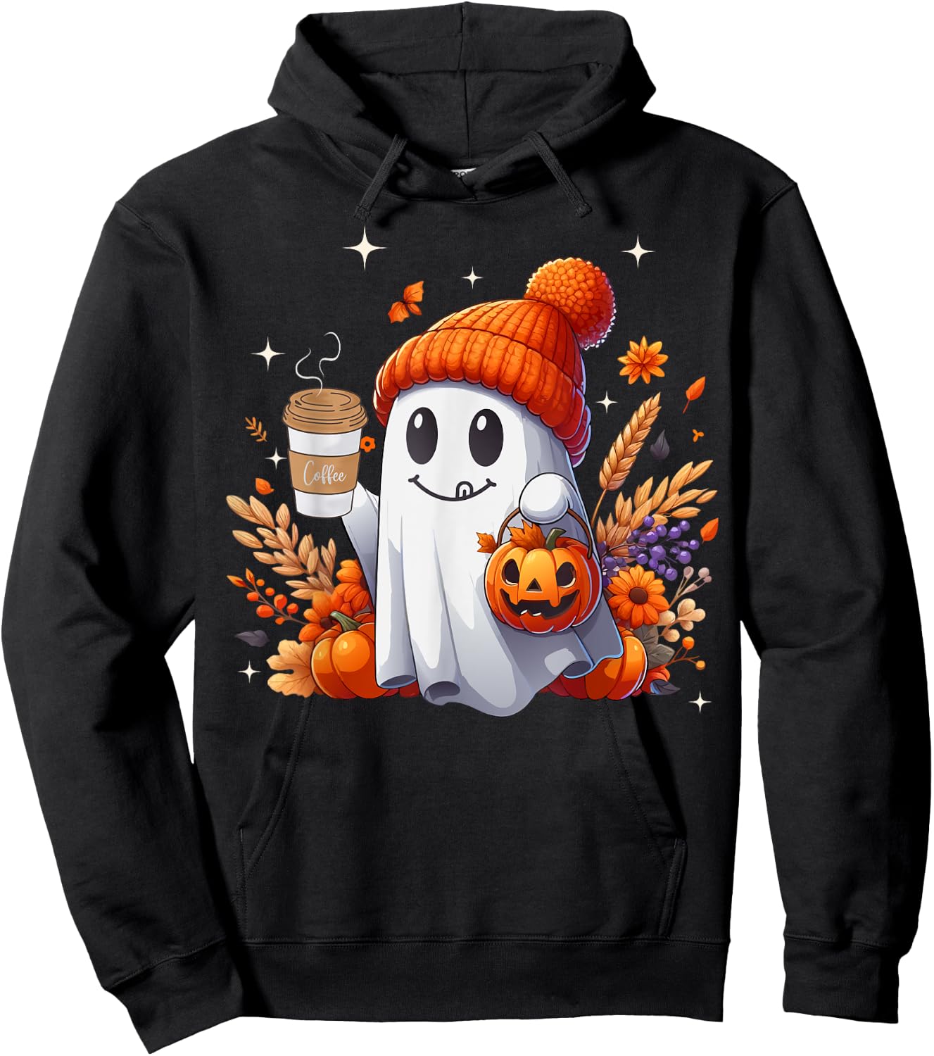 Men Women Autumn Cute Ghost Drinking Coffee Spooky Halloween Hoodie - Hoodie | Black